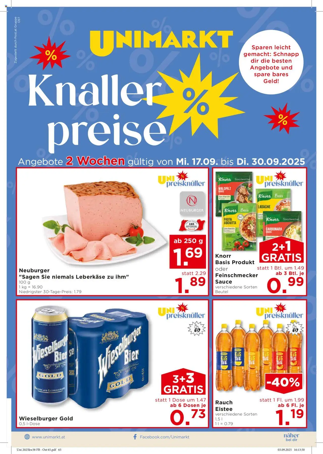 Unimarkt Ost gültig ab 17.09.2025 | Seite: 1 | Produkte: Pasta, Bier