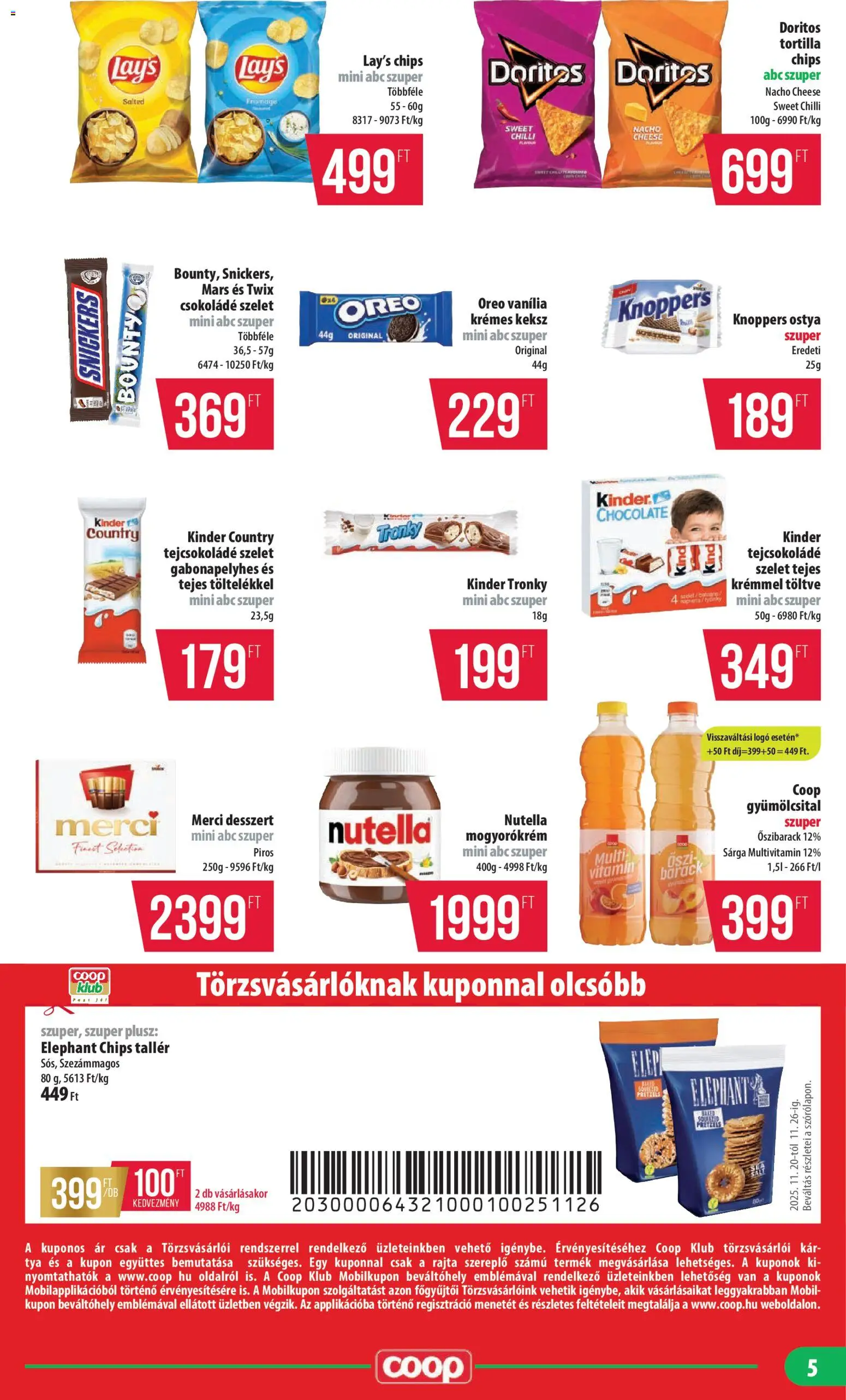 COOP akciós ujság - amely érvényes a következő dátumtól: 20.11.2025 | Oldal: 5 | Termékek: Gyümölcsital, Multivitamin, Mogyorókrém, Keksz