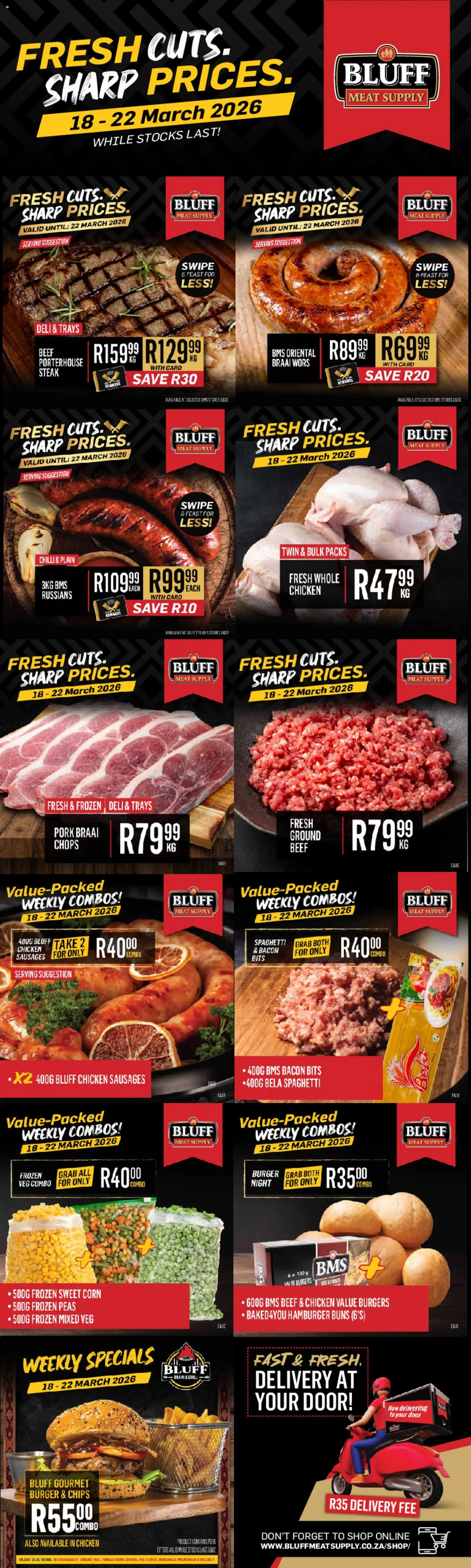 New Bluff Meat Supply catalogue – valid from 18.03.2026 | Page: 1 | Products: Steak, Burgers, Chilli, Bacon