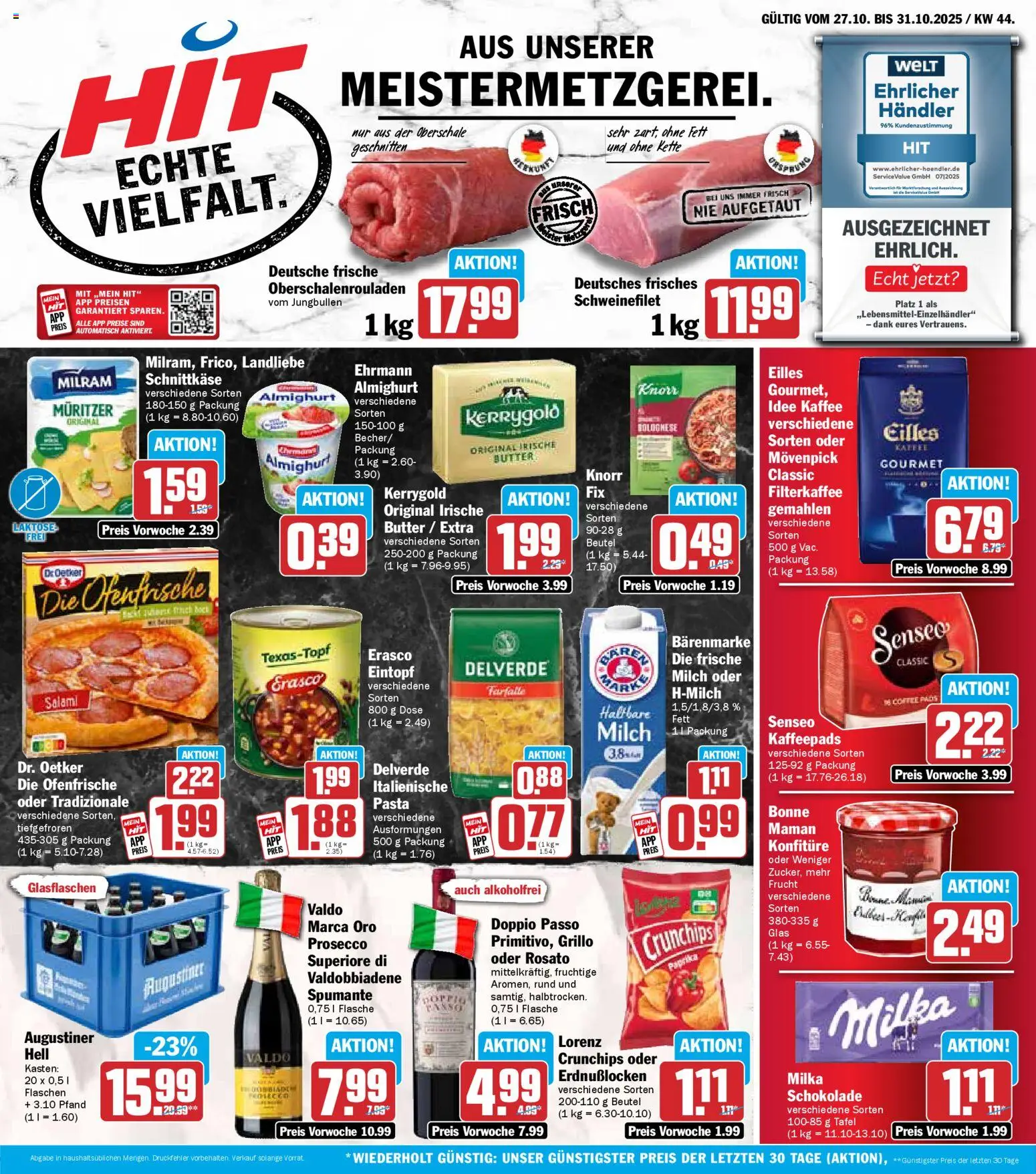 HIT - Bayern – gültig ab 27.10.2025 | Seite: 1 | Produkte: Kaffeepads, Schweinefilet, Paprika, Pasta