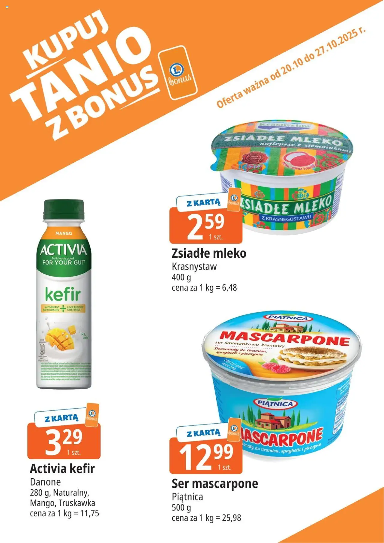 E.Leclerc Gazetka - Radom kupony dodatkowe od 20.10.2025 | Strona: 5 | Produkty: Kefir, Zsiadłe mleko, Mascarpone, Ser mascarpone