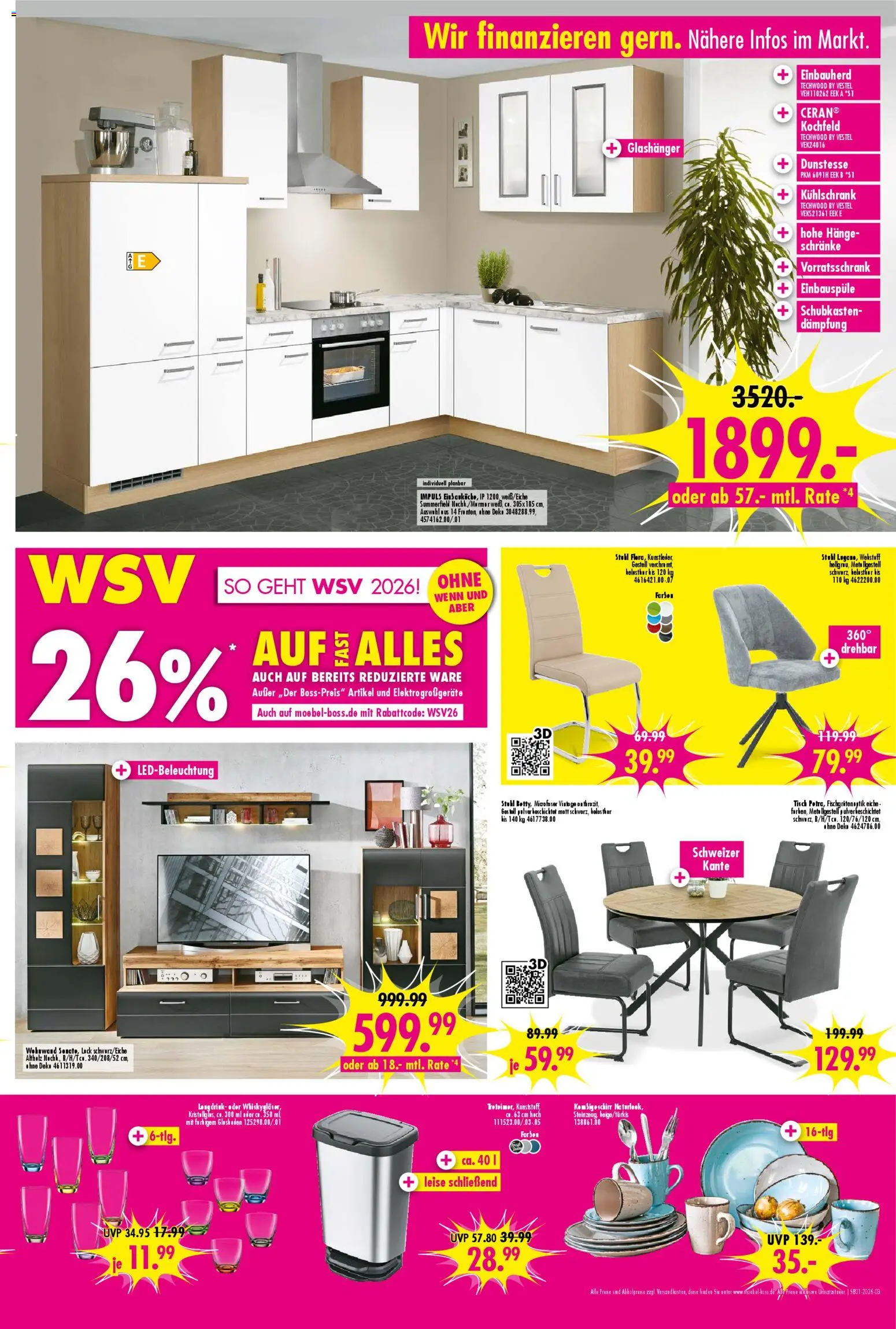 SB Möbel Boss Prospekt 	 – gültig ab 27.12.2025 | Seite: 3 | Produkte: Tisch, Kühlschrank, Kochfeld