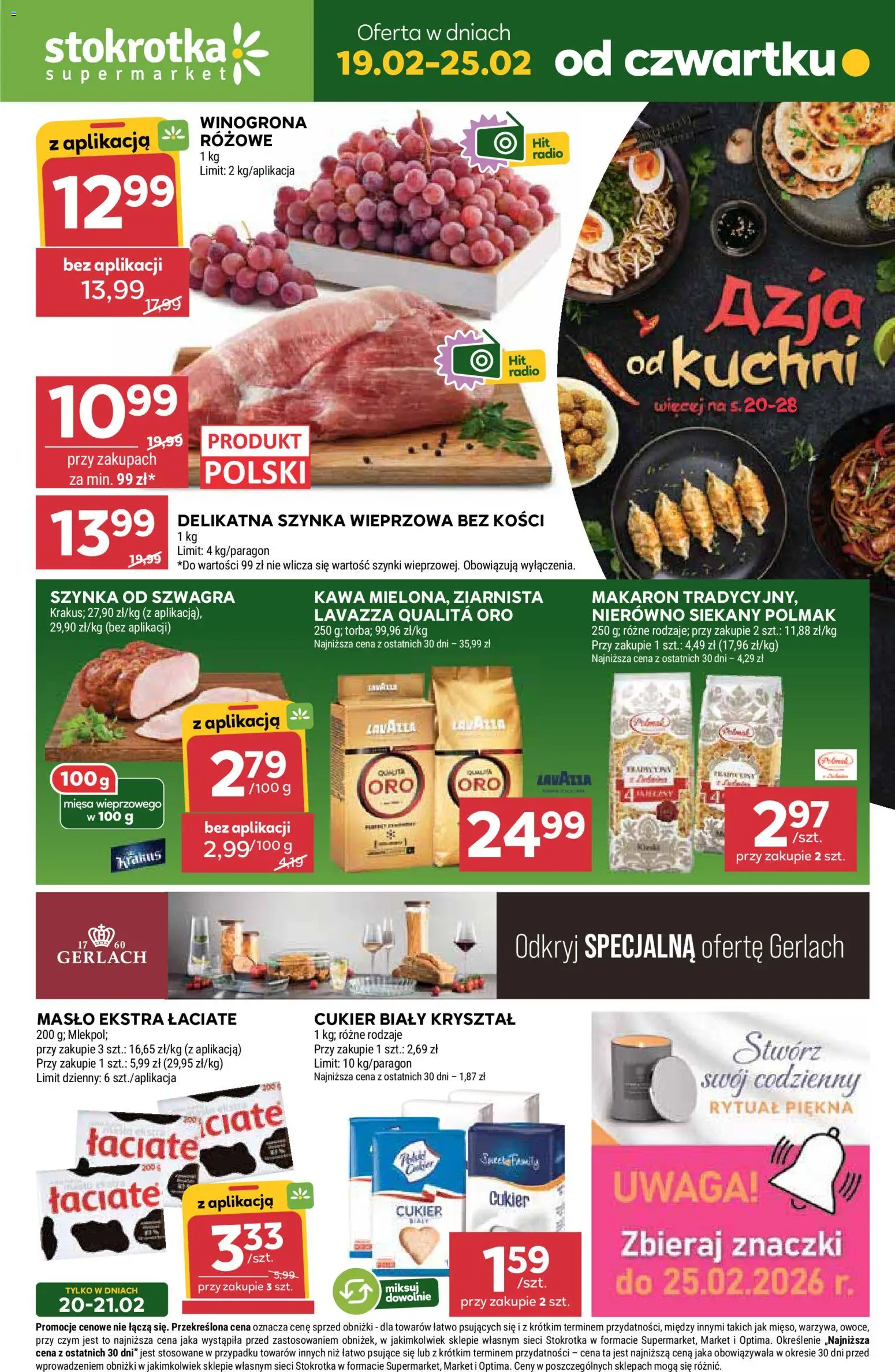 Stokrotka Gazetka od 19.02.2026 | Strona: 1 | Produkty: Stokrotka, Lavazza, Szynka, Cukier