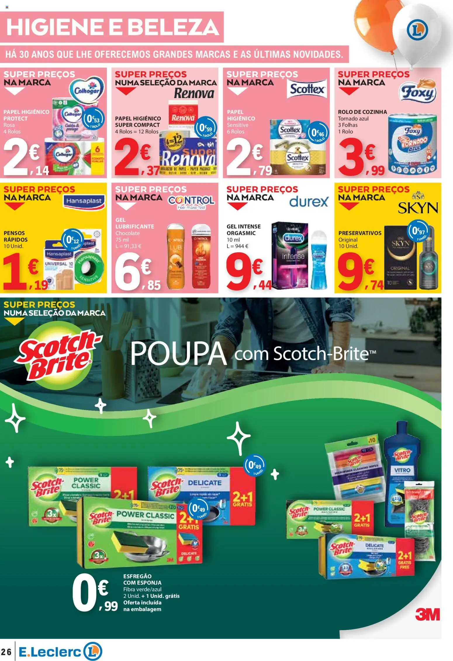 E.Leclerc folheto Aniversário Caldas da Rainha │ válido de 30.10.2025 | Página: 26 | Produtos: Esfregão, Papel higiénico, Preservativos, Chocolate