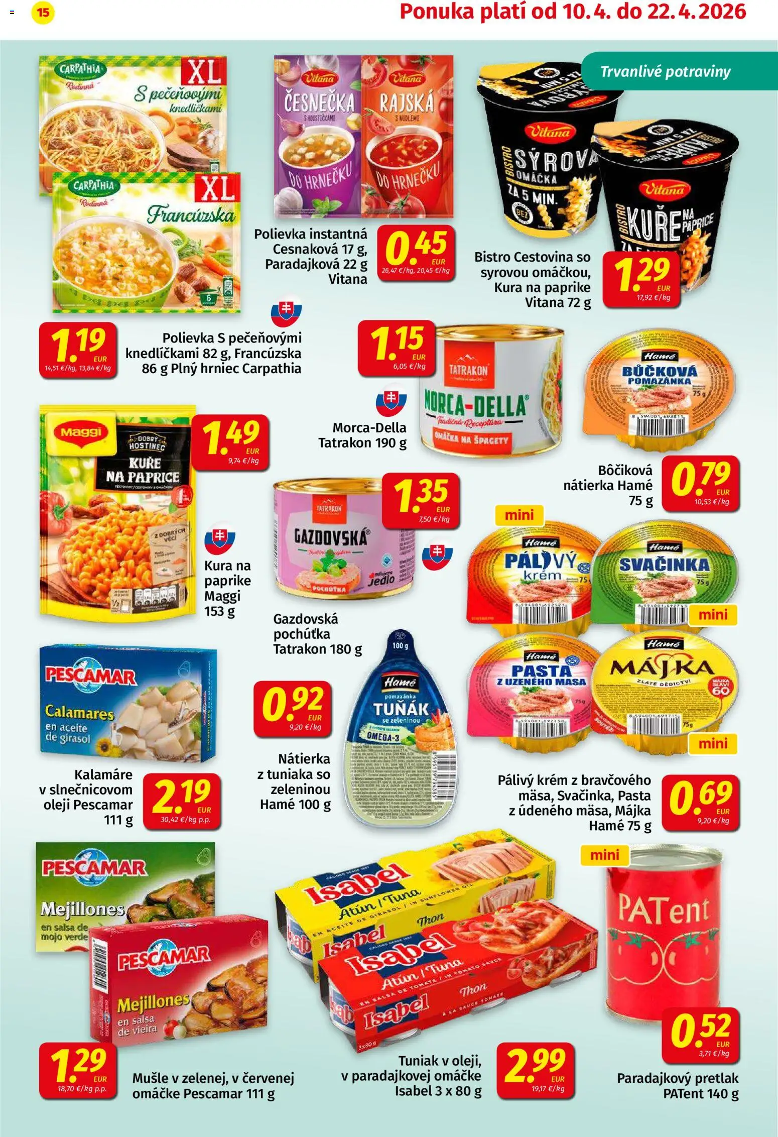 Nové Koruna akcie – leták je platný od 10.04.2026 | Strana: 15 | Produkty: Tuniak, Krém, Omáčka, Špagety