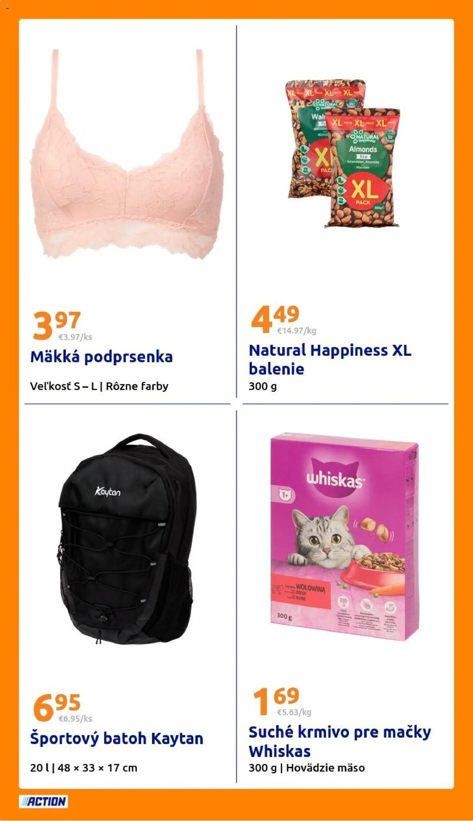 Nové Action akcie – leták je platný od 18.02.2026 | Strana: 20 | Produkty: Hovädzie mäso, Whiskas, Podprsenka, Batoh