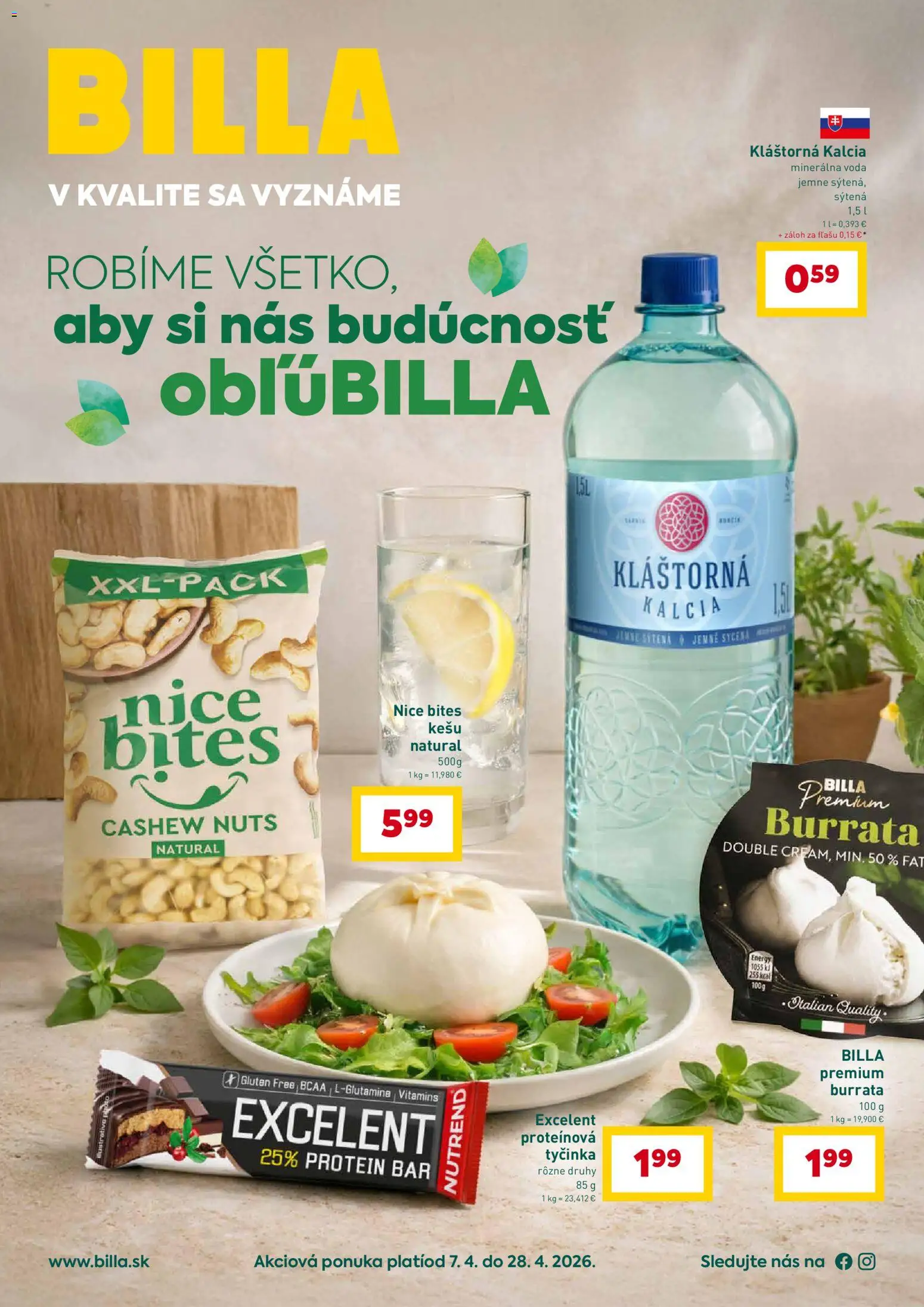 Nové Billa akcie – leták je platný od 07.04.2026 | Strana: 1 | Produkty: Protein, Voda, Minerálna voda
