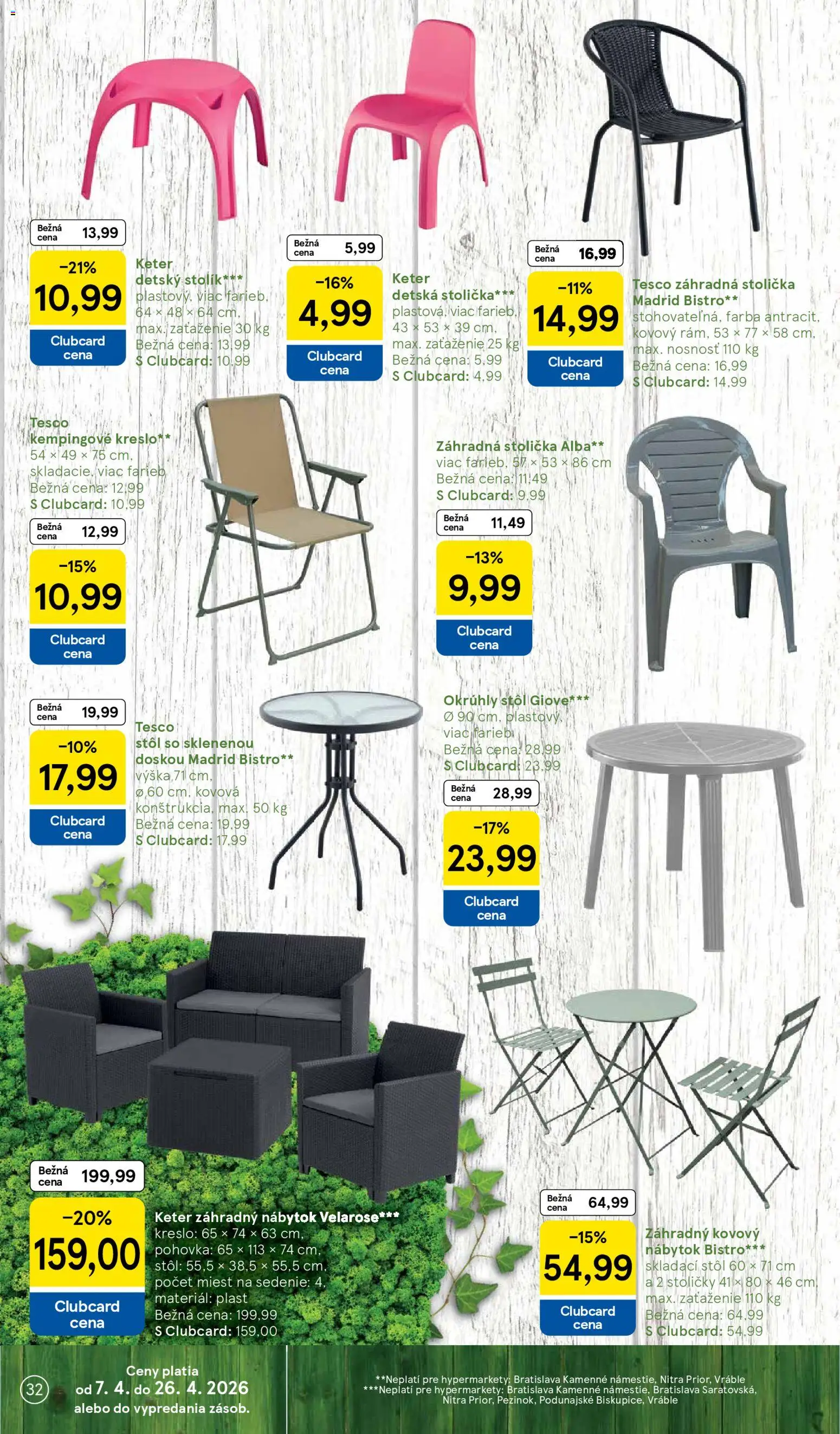 Nové Tesco akcie – leták je platný od 08.04.2026 | Strana: 32 | Produkty: Nábytok, Stoličky, Pohovka, Stôl