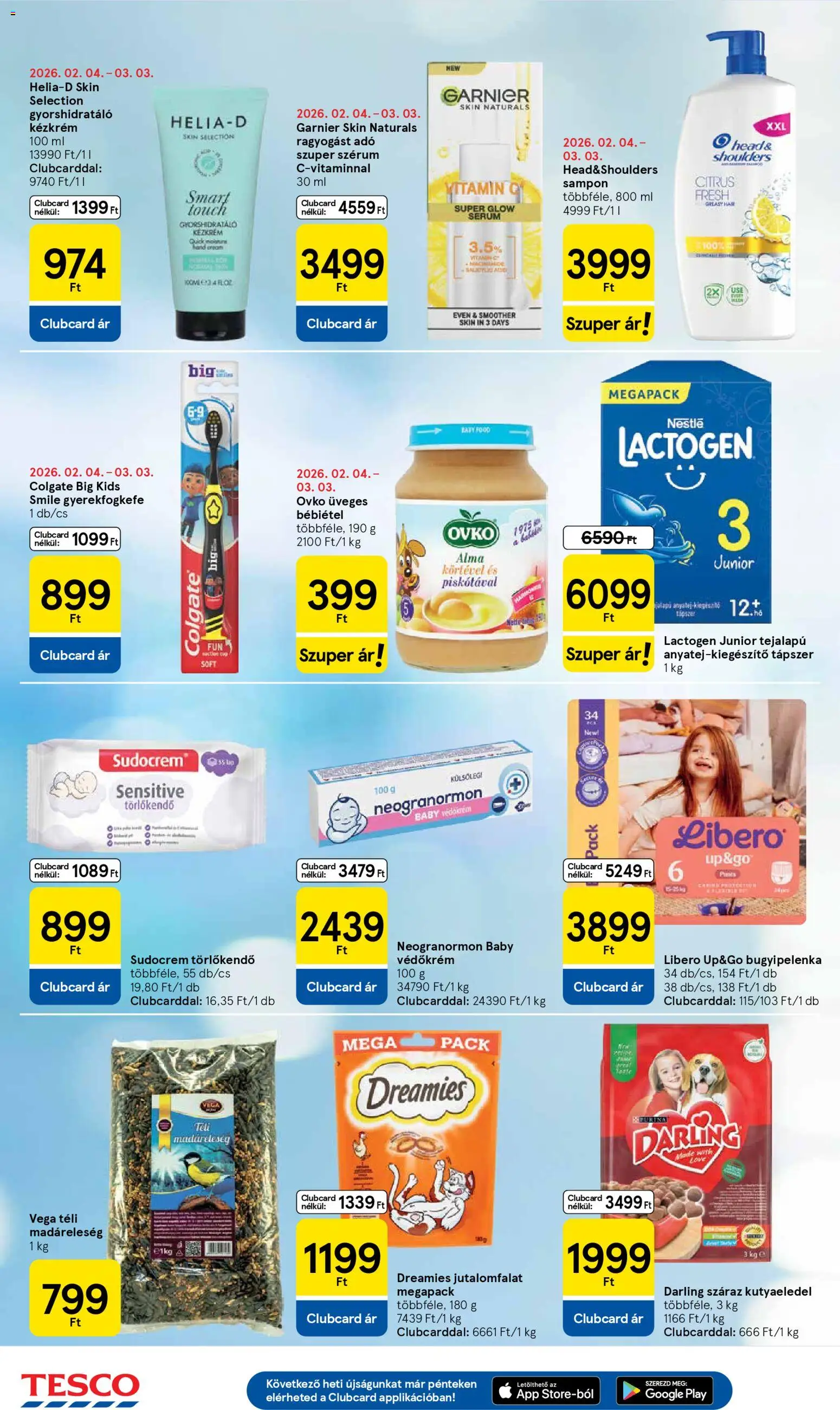 Tesco akciós ujság - amely érvényes a következő dátumtól: 26.02.2026 | Oldal: 22 | Termékek: Kutyaeledel, Sampon, Alma, Bébiétel