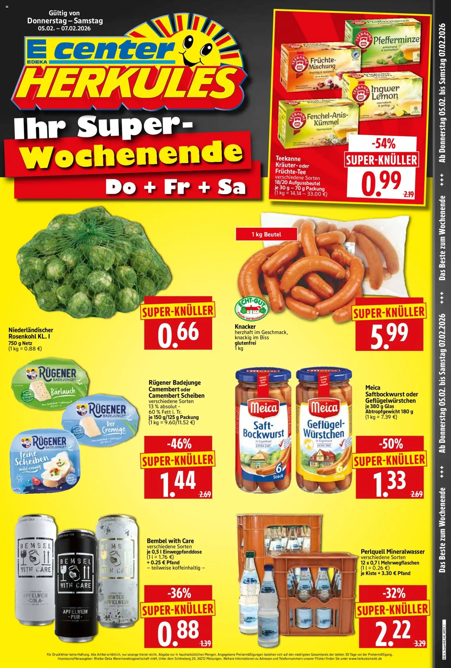 HERKULES Sonderbeilage – gültig ab 05.02.2026 | Seite: 1 | Produkte: Bockwurst, Mineralwasser, Meica, Fleisch