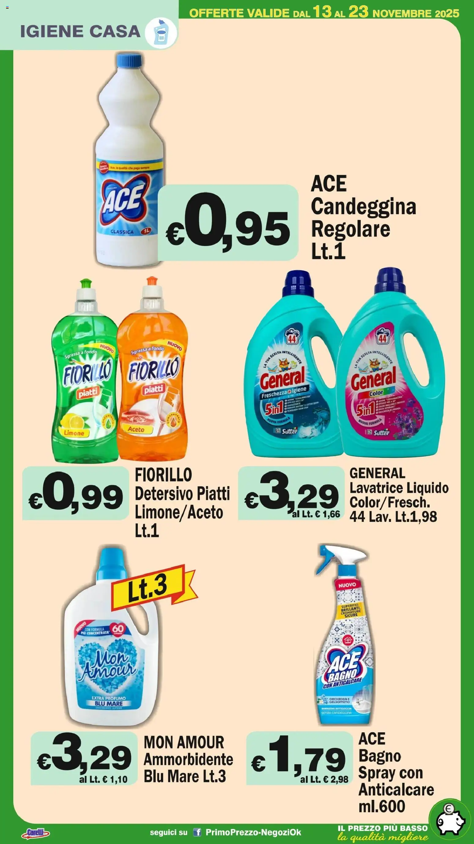 Volantino Primo Prezzo del 13.11.2025 | Pagina: 22 | Prodotti: Ammorbidente, Candeggina, Lavatrice, Bagno