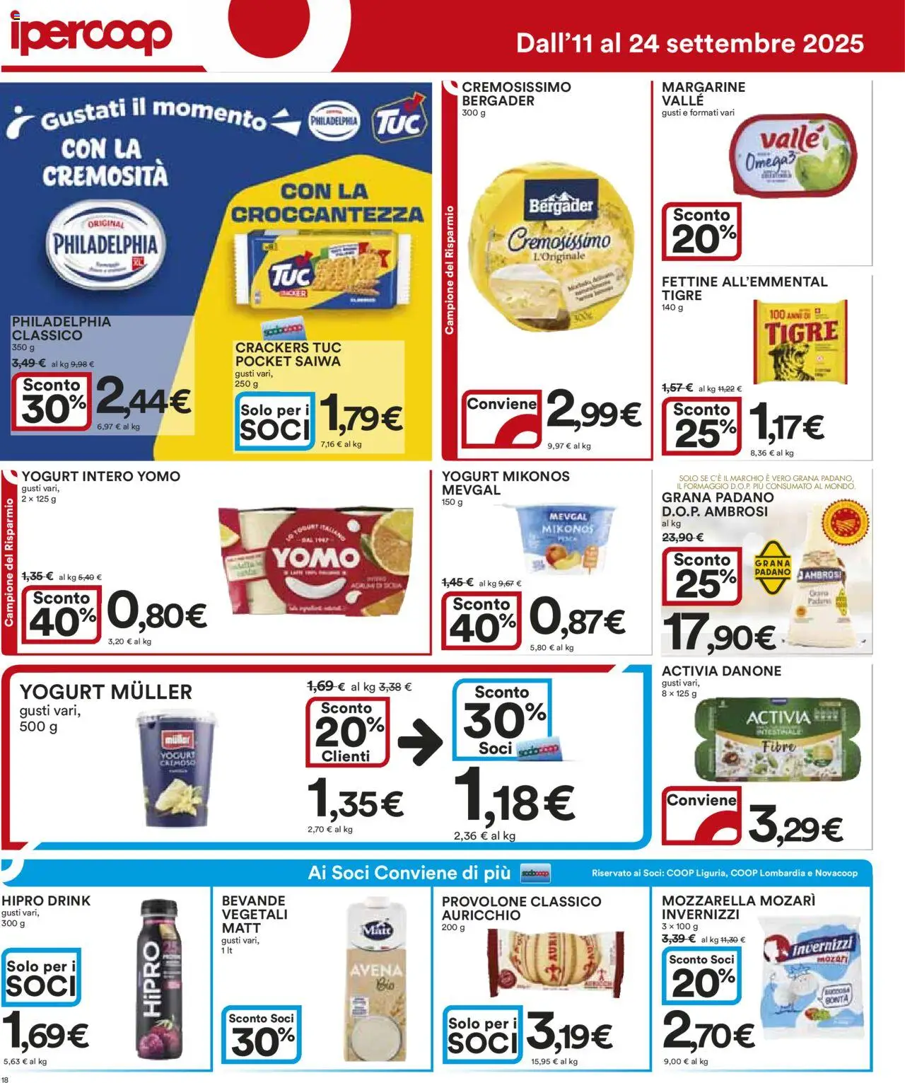 Volantino Ipercoop del 11.09.2025 | Pagina: 18 | Prodotti: Provolone, Yogurt, Formaggio, Crackers