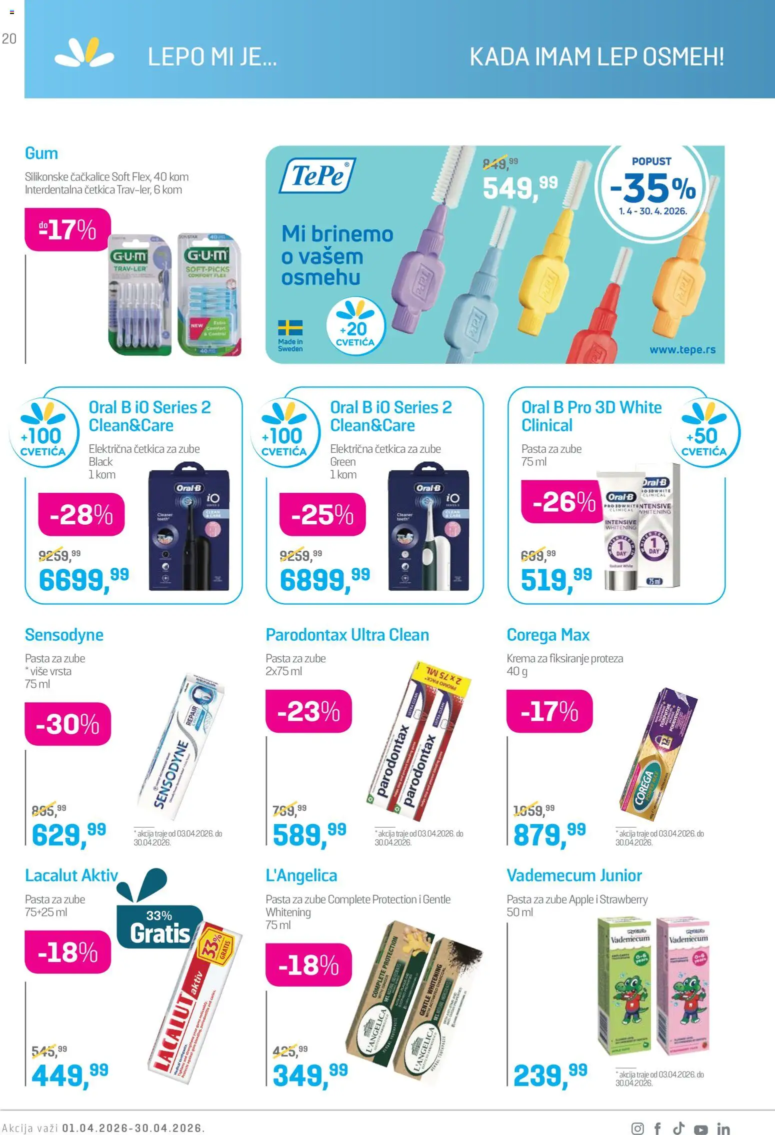 Lilly drogerie katalog - važi od 01.04.2026 | Strana: 20 | Proizvode: Električna četkica, Električna četkica za zube, Pasta za zube, Četkica za zube