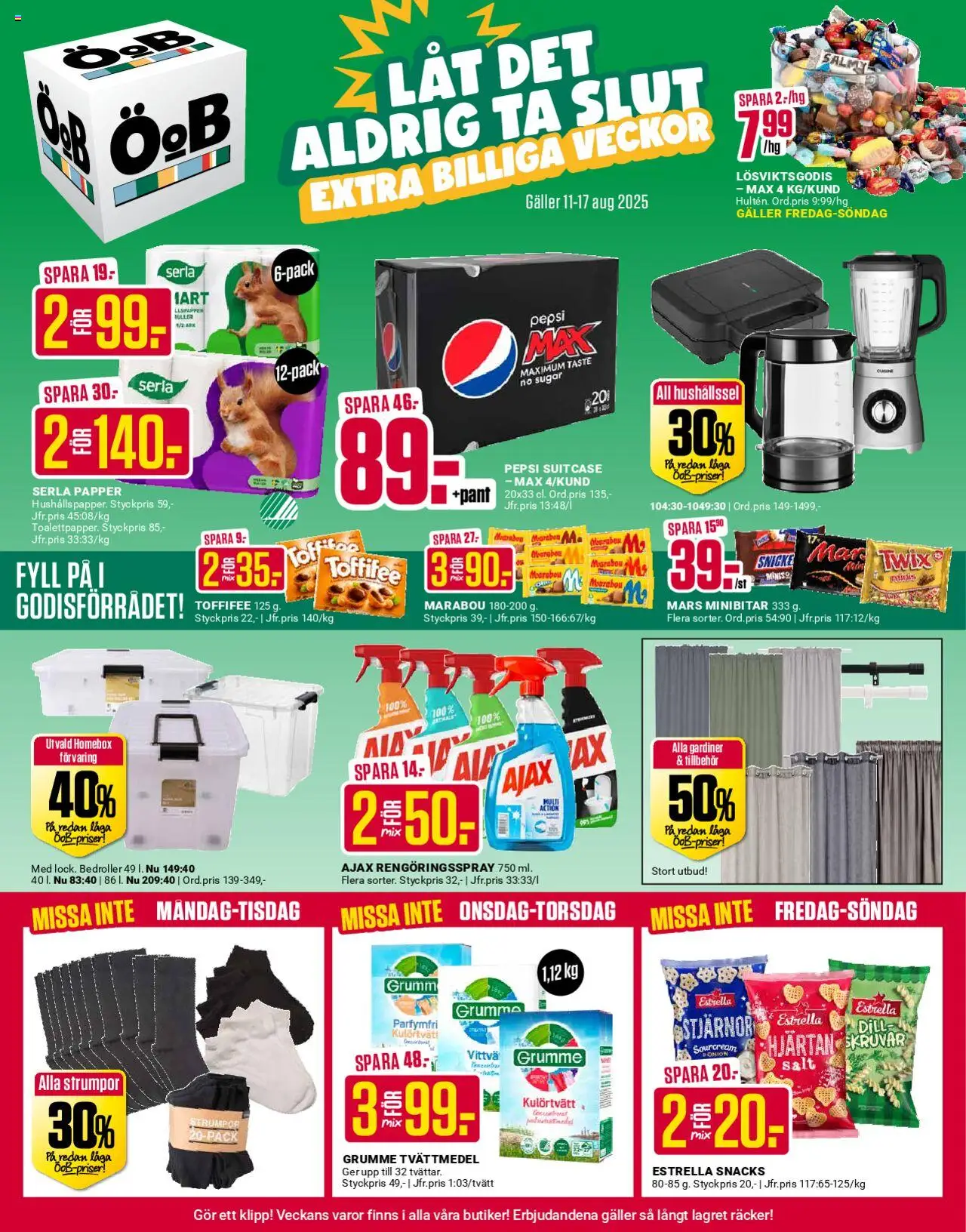 ÖoB reklamblad aktuell från 11.08.2025 | Sida: 1 | Produkter: Salt, Tvättmedel, Rengöringsspray, Papper