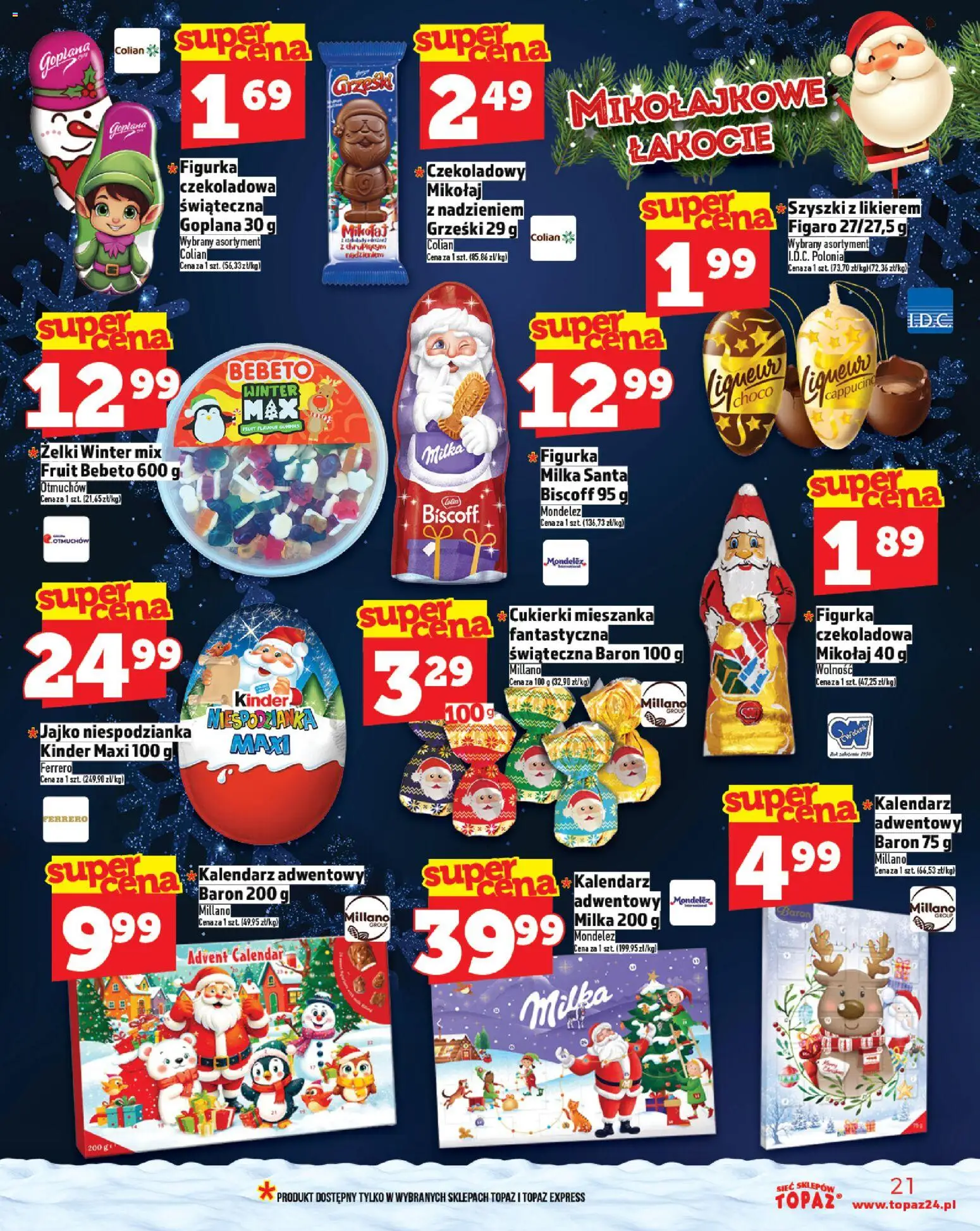 Topaz Gazetka MAZ od 27.11.2025 | Strona: 21 | Produkty: Kalendarz, Milka, Żelki, Jajko niespodzianka
