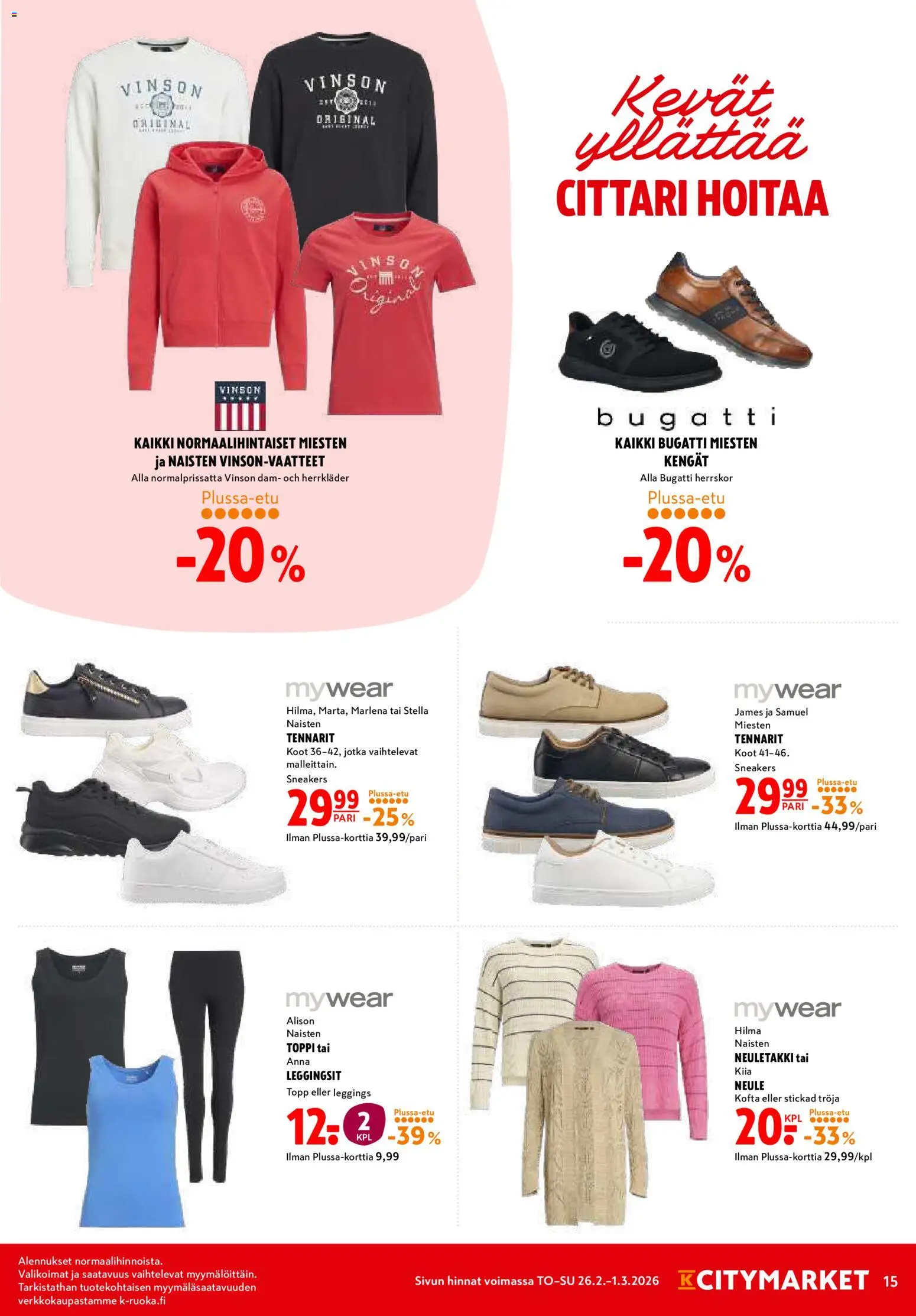K-Citymarket tarjoukset – voimassa 26.02.2026 alkaen | Sivu: 15 | Tuotteet: Neuletakki, Toppi, Leggingsit, Neule
