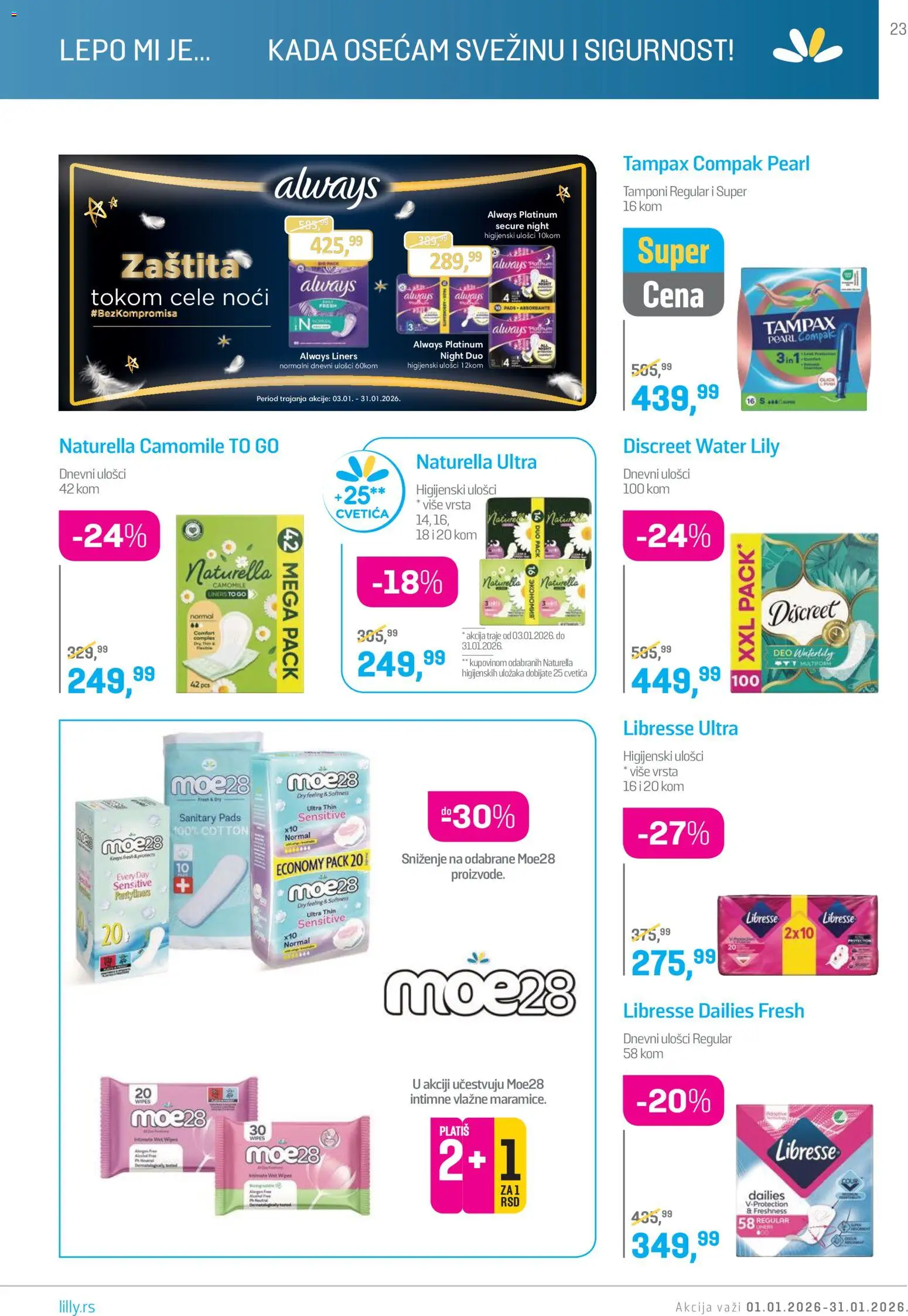 Lilly drogerie katalog - važi od 01.01.2026 | Strana: 23 | Proizvode: Higijenski ulošci