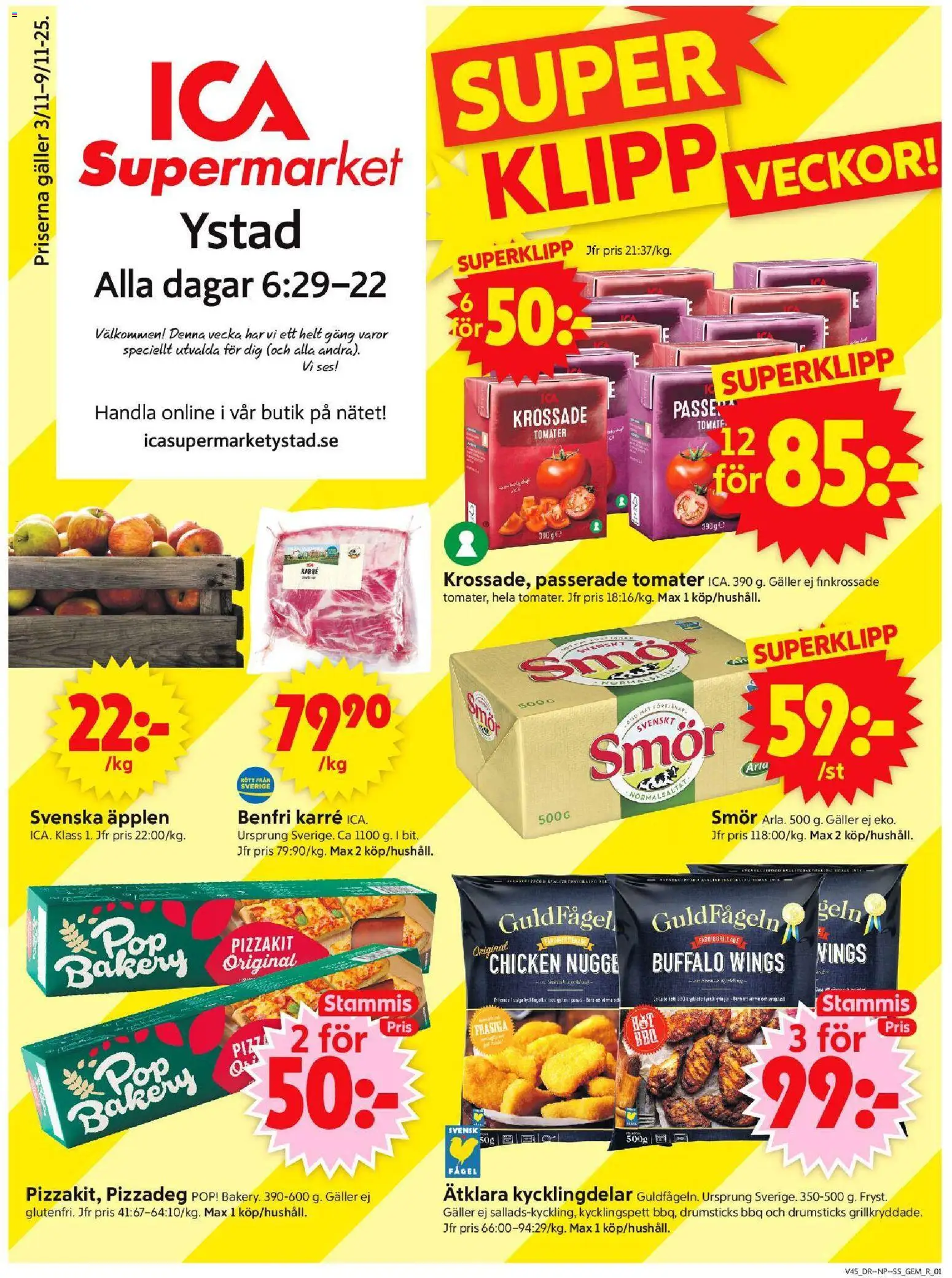 ICA Supermarket reklamblad aktuell från 03.11.2025 | Sida: 1 | Produkter: Gem, Smör, Pizza, Pizzakit
