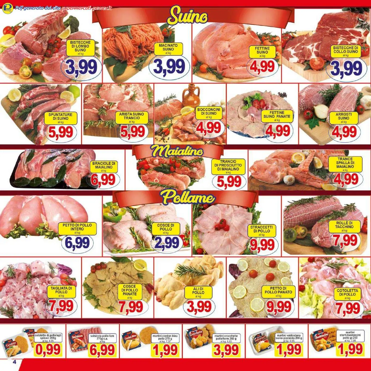 Volantino Pewex del 26.01.2026 | Pagina: 4 | Prodotti: Petto di Pollo, Prosciutto, Spinaci, Crocchette