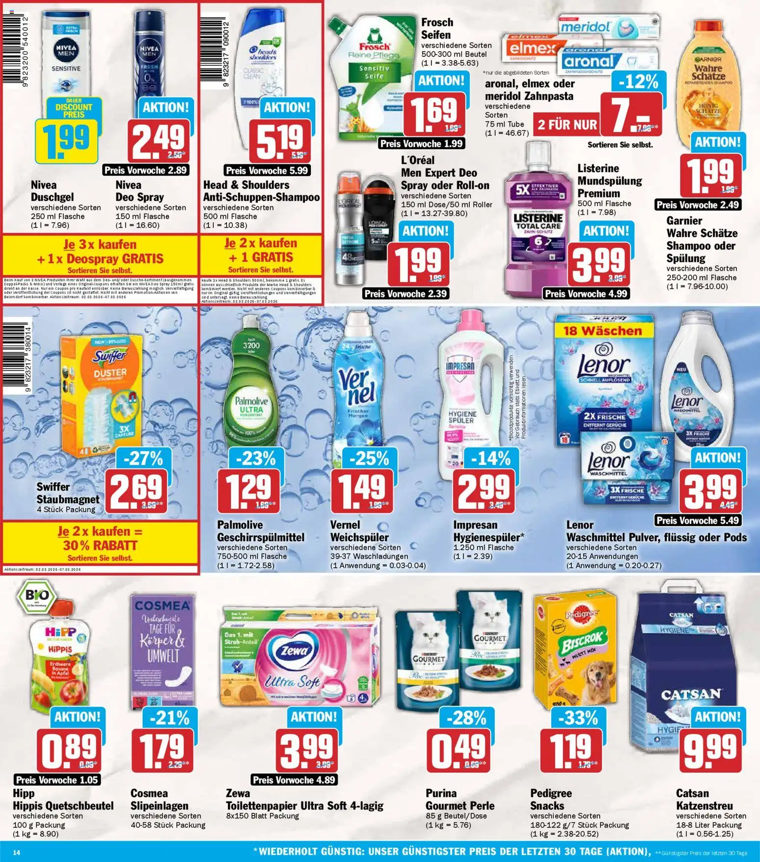 AEZ Prospekt 	 – gültig ab 02.03.2026 | Seite: 14 | Produkte: Duschgel, Weichspüler, Geschirrspülmittel, Pedigree