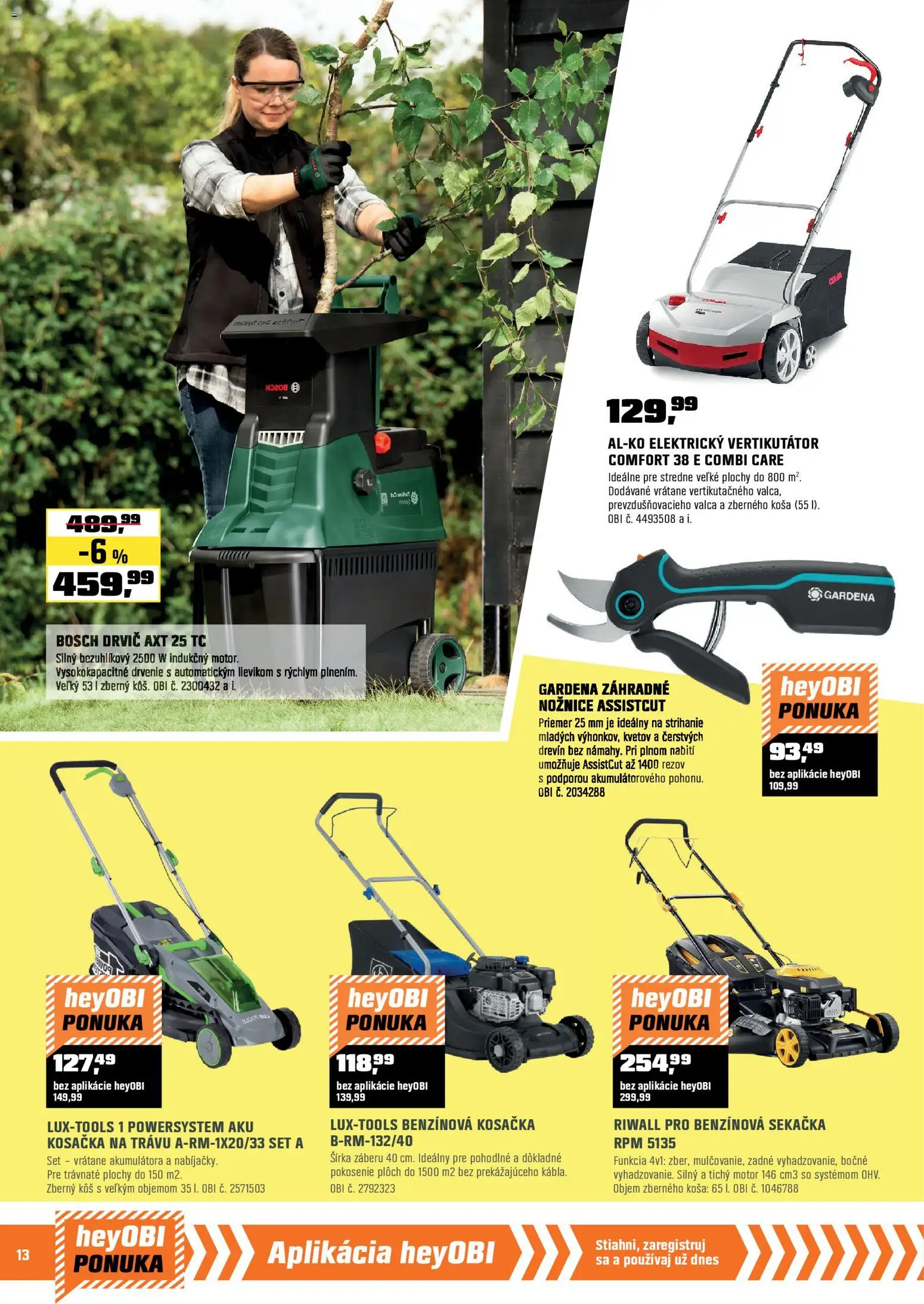 Nové OBI akcie – leták je platný od 28.02.2026 | Strana: 14 | Produkty: Vertikutátor, Kosačka, Drvič, Aku