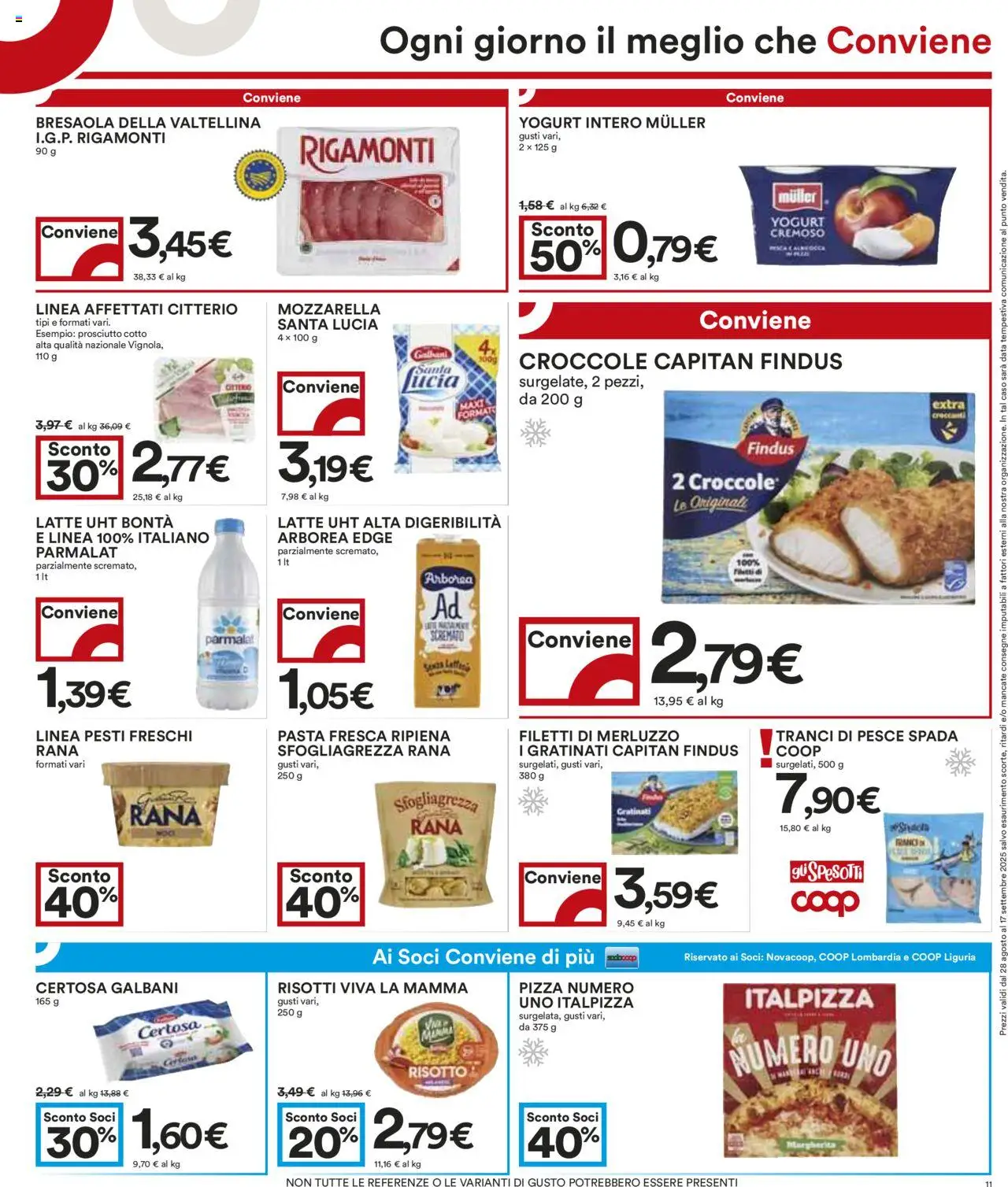 Volantino COOP del 28.08.2025 | Pagina: 11 | Prodotti: Pizza, Mozzarella, Latte, Prosciutto