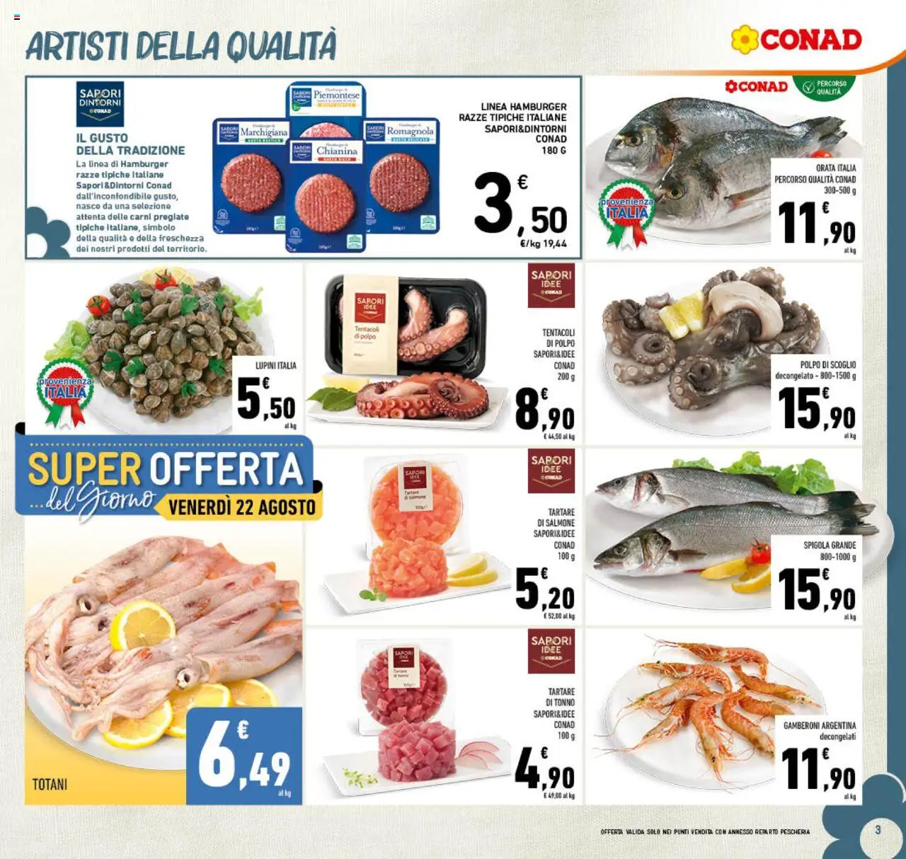Volantino Conad del 13.08.2025 | Pagina: 3 | Prodotti: Salmone, Orata, Tonno, Spigola