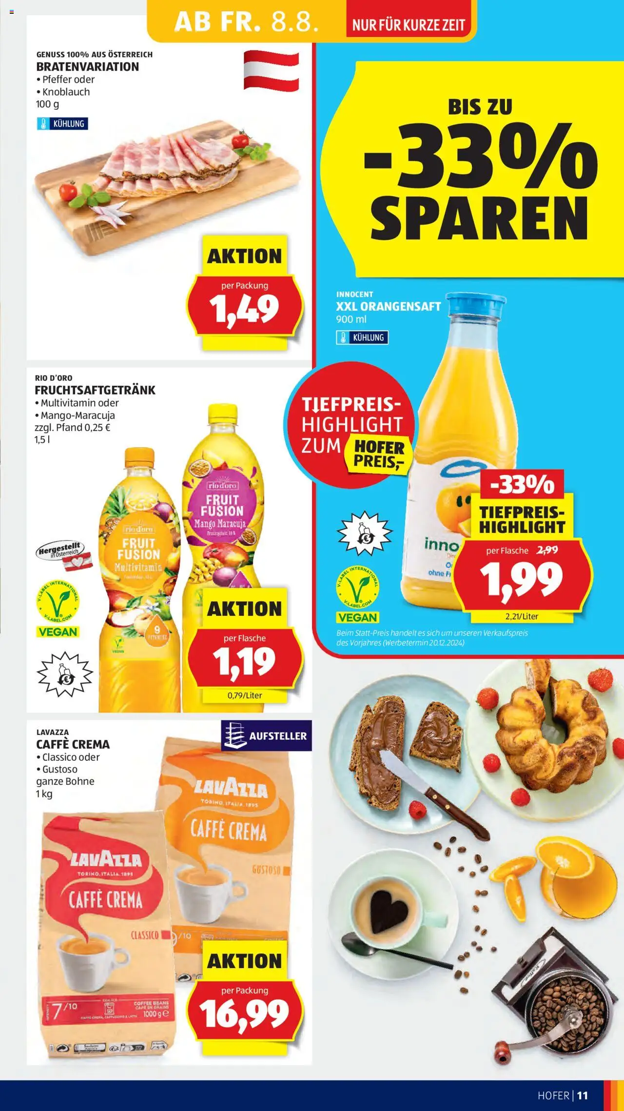 Hofer AT akciós ujság - amely érvényes a következő dátumtól: 08.08.2025 | Oldal: 13 | Termékek: Cappuccino, Multivitamin, Vegán, Mangó