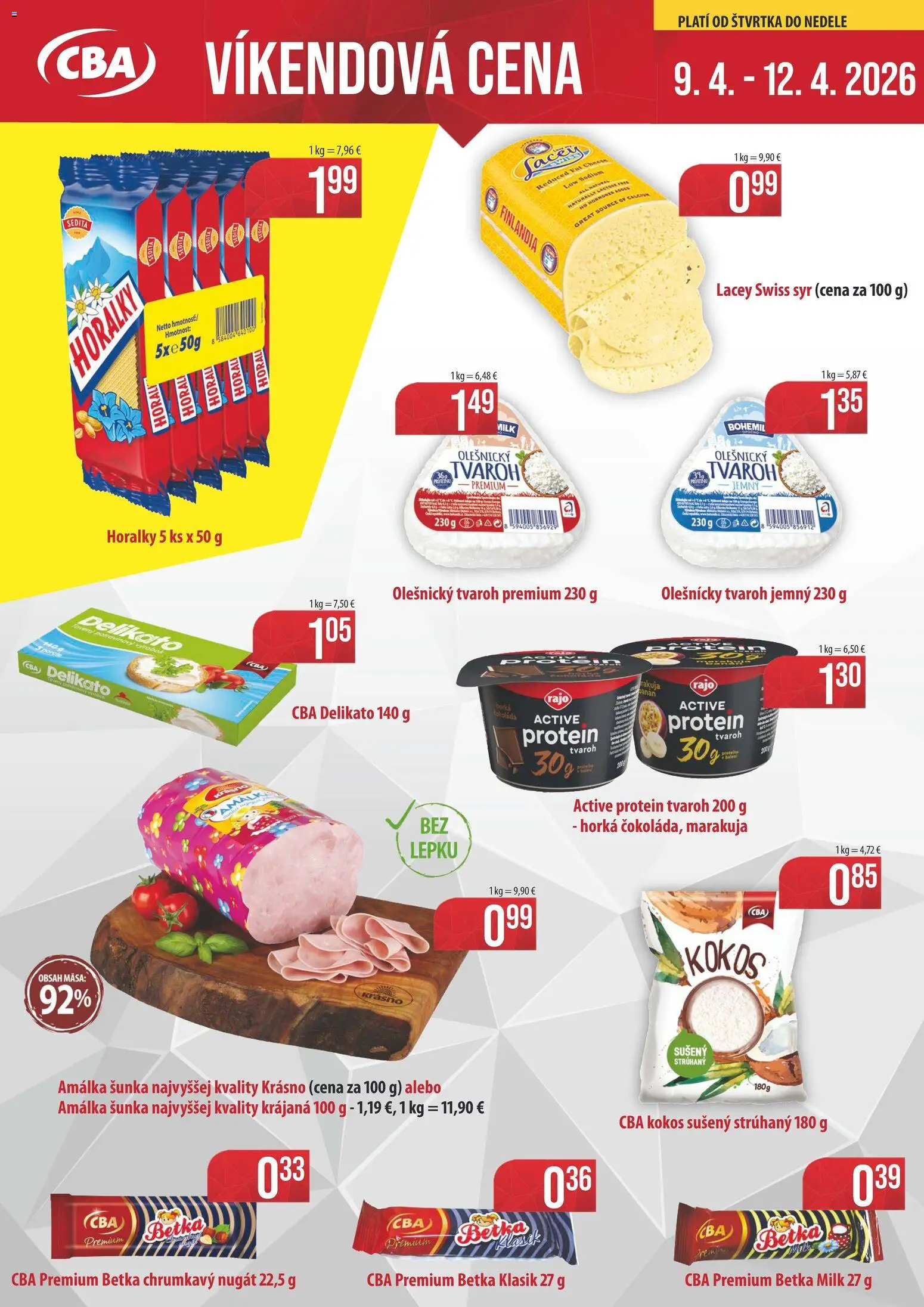 Nové CBA Komfos akcie – leták je platný od 09.04.2026 | Strana: 1 | Produkty: Syr, Šunka, Protein, Horálky