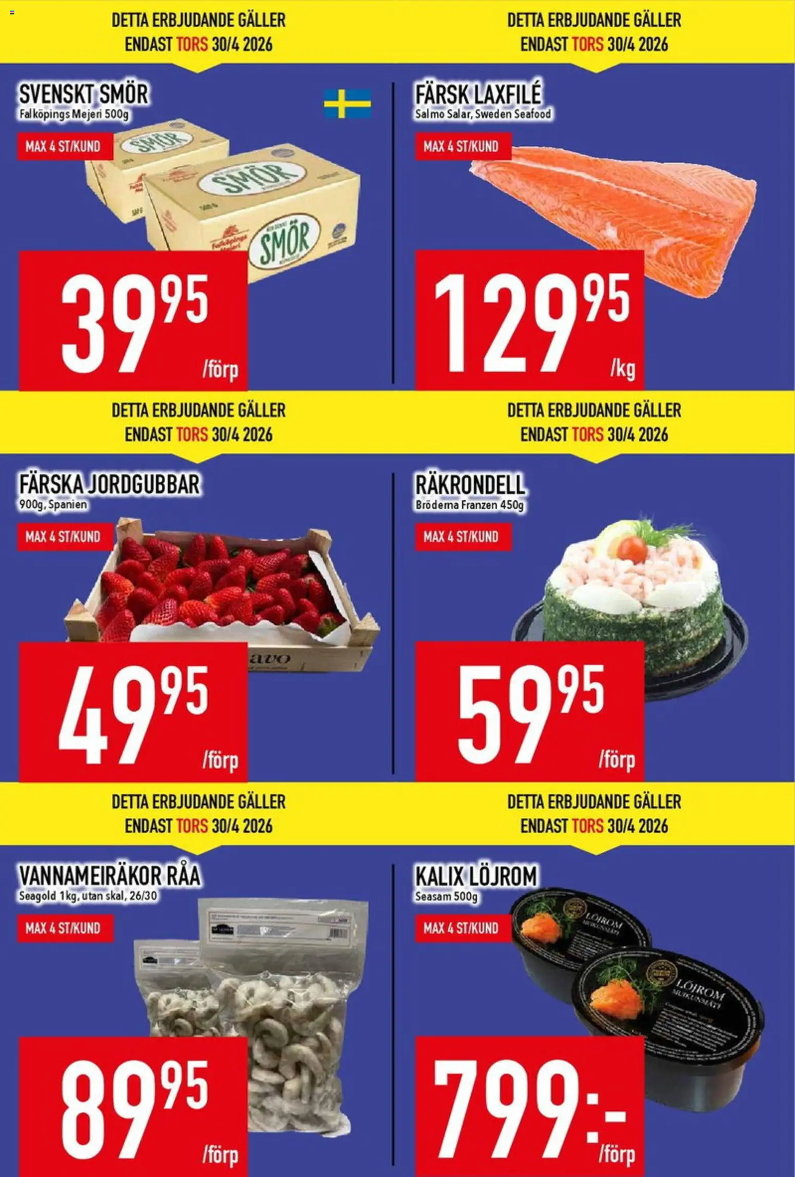 Matdax reklamblad aktuell från 27.04.2026 | Sida: 4 | Produkter: Löjrom, Galler, Smör, Jordgubbar