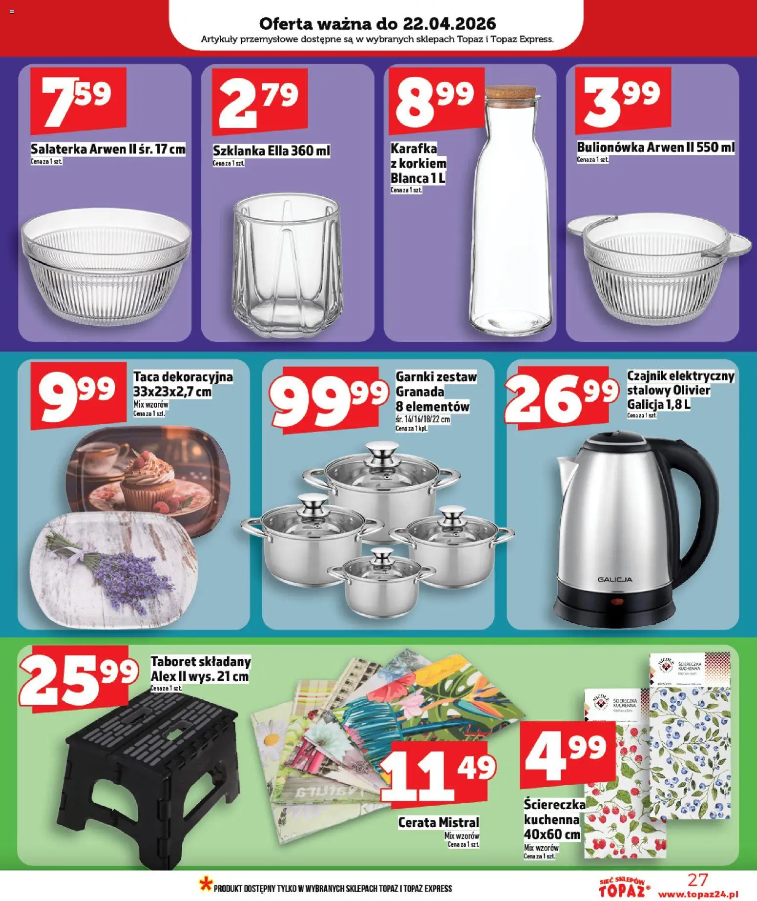 Topaz gazetka od 16.04.2026 | Strona: 27 | Produkty: Szklanka, Czajnik, Artykuły przemysłowe, Garnki