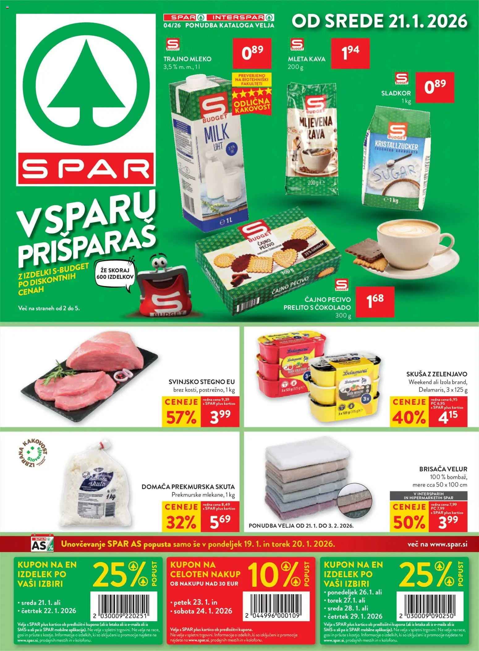 Novi Spar katalog ponudbe – veljaven od 21.01.2026 | Stran: 1 | Izdelki: Brisača, Kava, Skuta, Sladkor