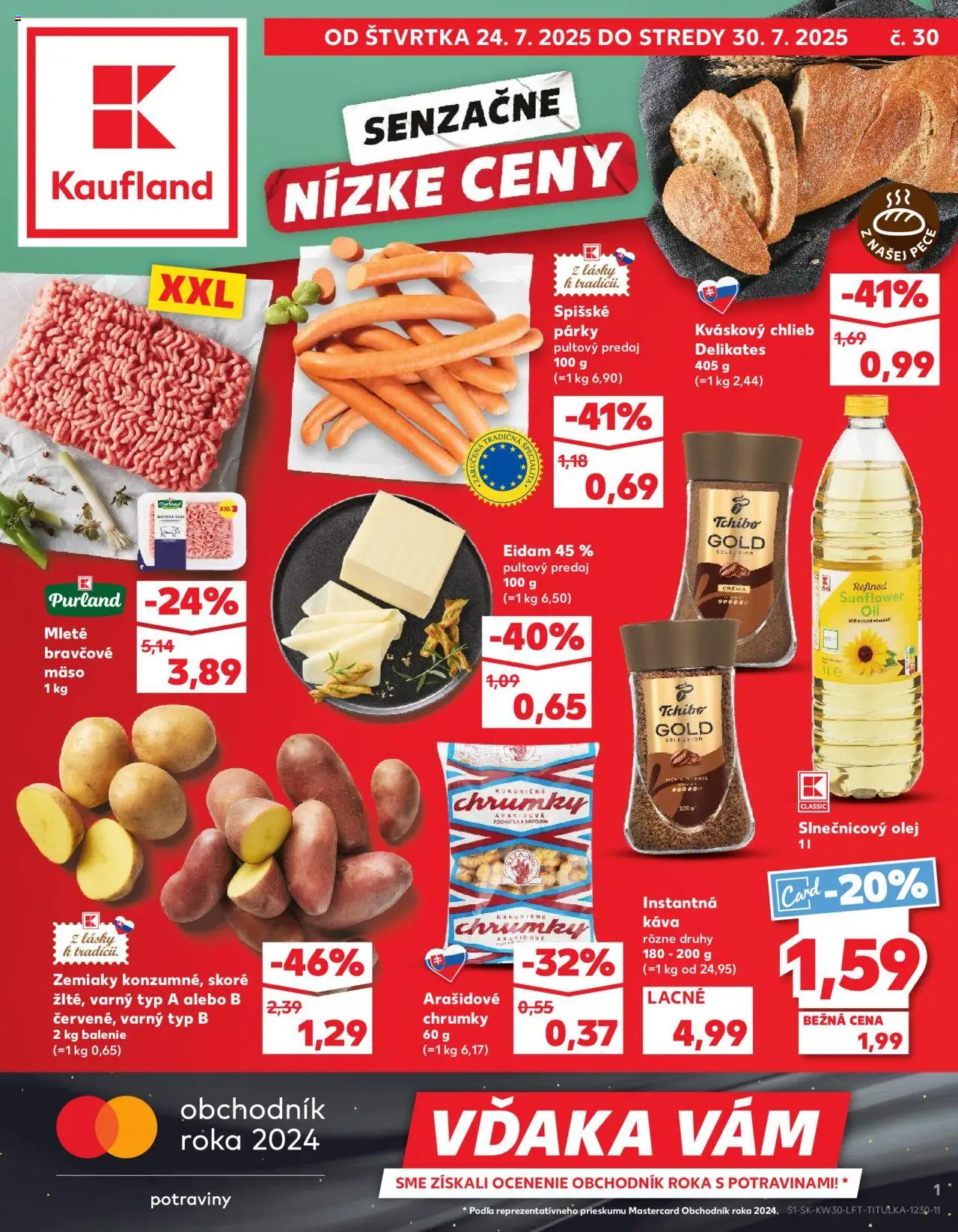 Kaufland Senica │ platný od 24.07.2025 | Strana: 1 | Produkty: Chlieb, Káva, Zemiaky, Párky