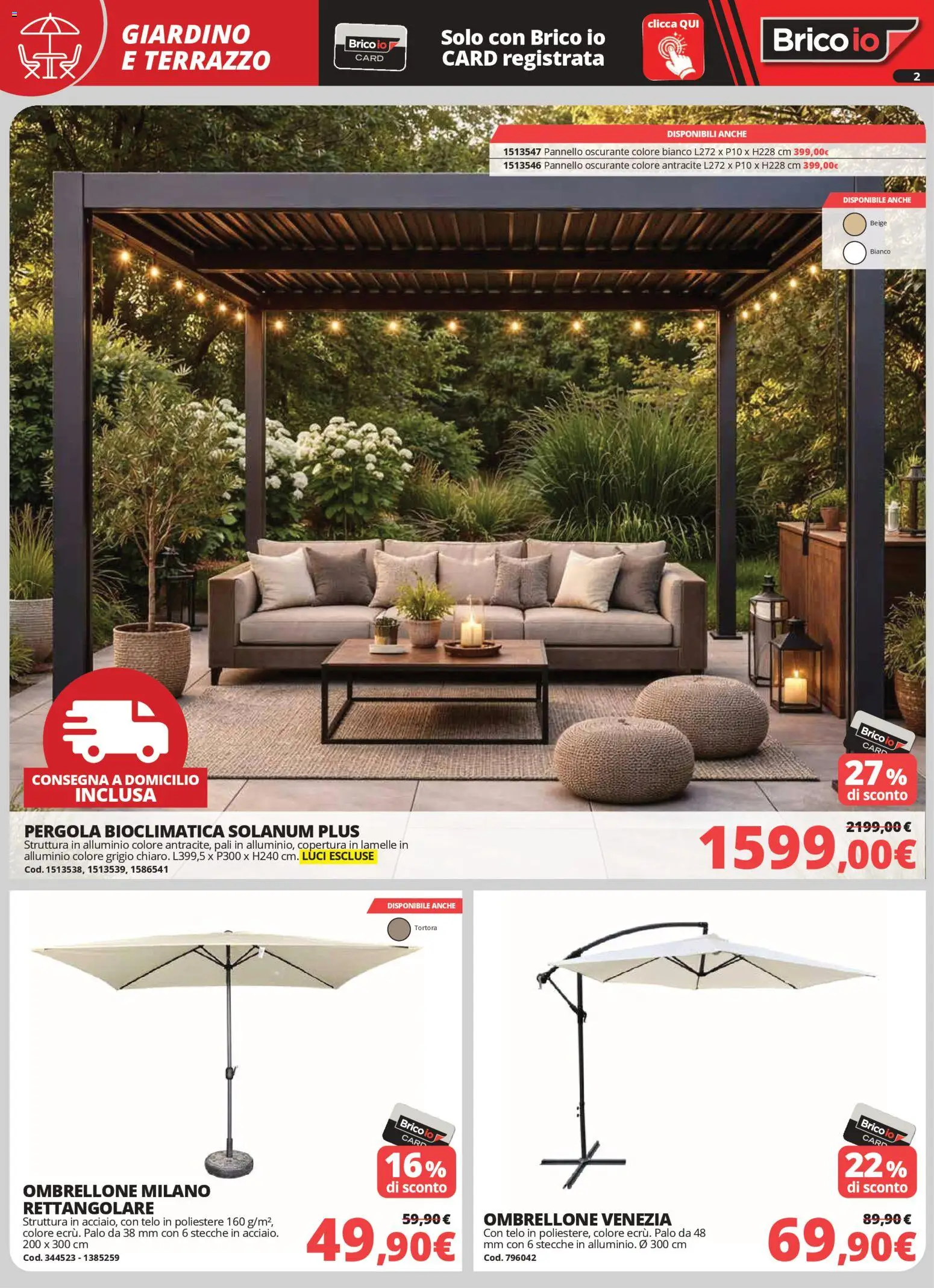 Volantino Brico io del 02.04.2026 | Pagina: 2 | Prodotti: Ombrellone, Pergola, Alluminio