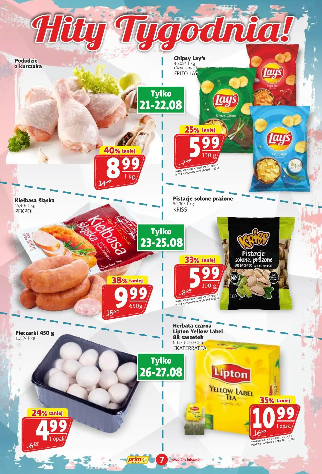 Prim Market Gazetka od 21.08.2025 | Strona: 7 | Produkty: Chipsy, Pieczarki, Kiełbasa śląska, Herbata