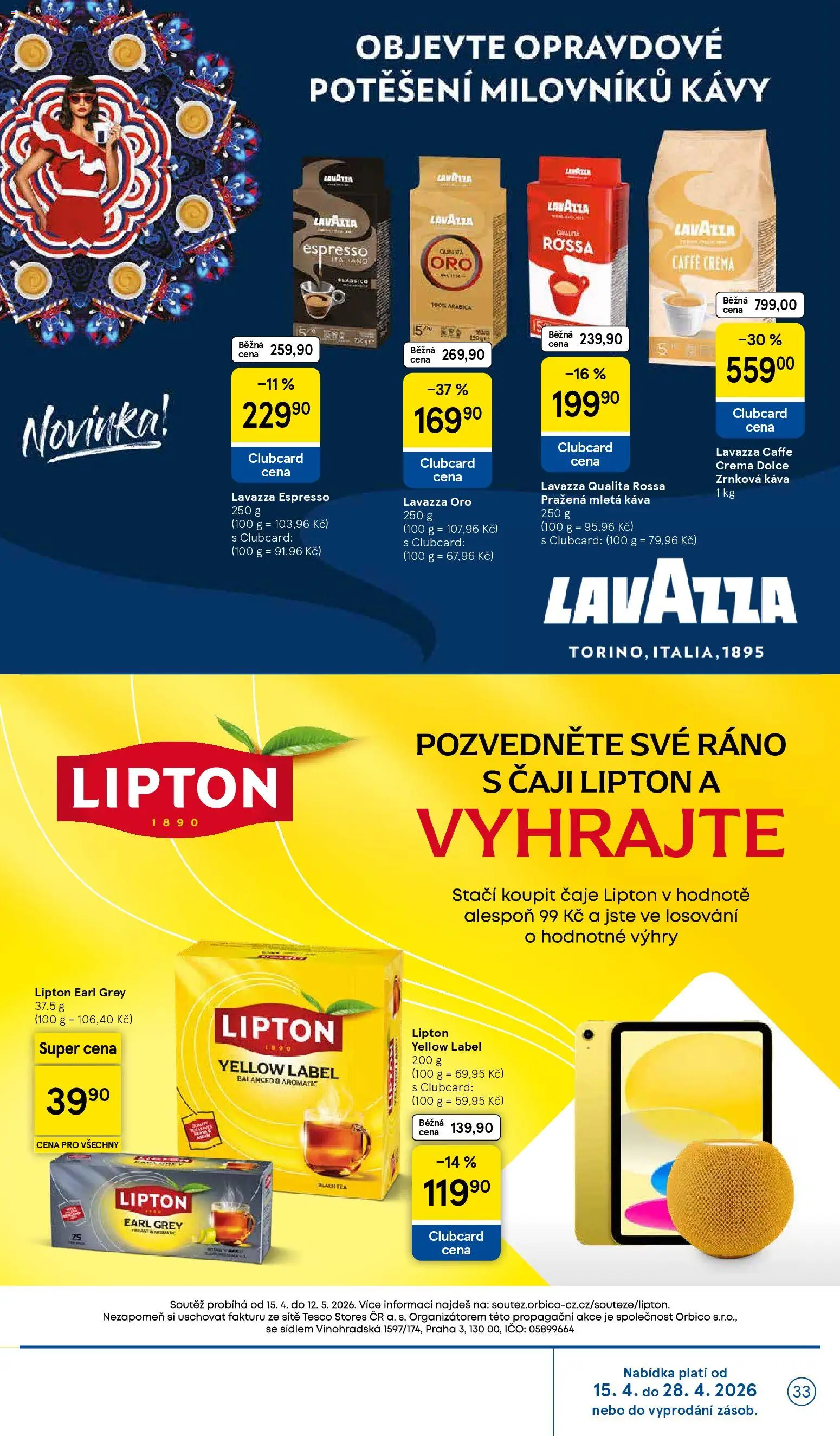 Tesco leták - Hypermarket od 15.04.2026 | Strana: 33 | Produkty: Káva Lavazza, Čaje, Lavazza Oro, Mletá káva