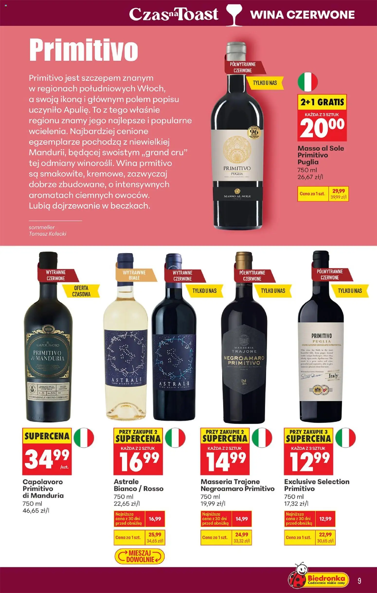 Biedronka Polsko leták - Czas na toast od 23.03.2026 | Strana: 9 | Produkty: Primitivo Di Manduria, Primitivo