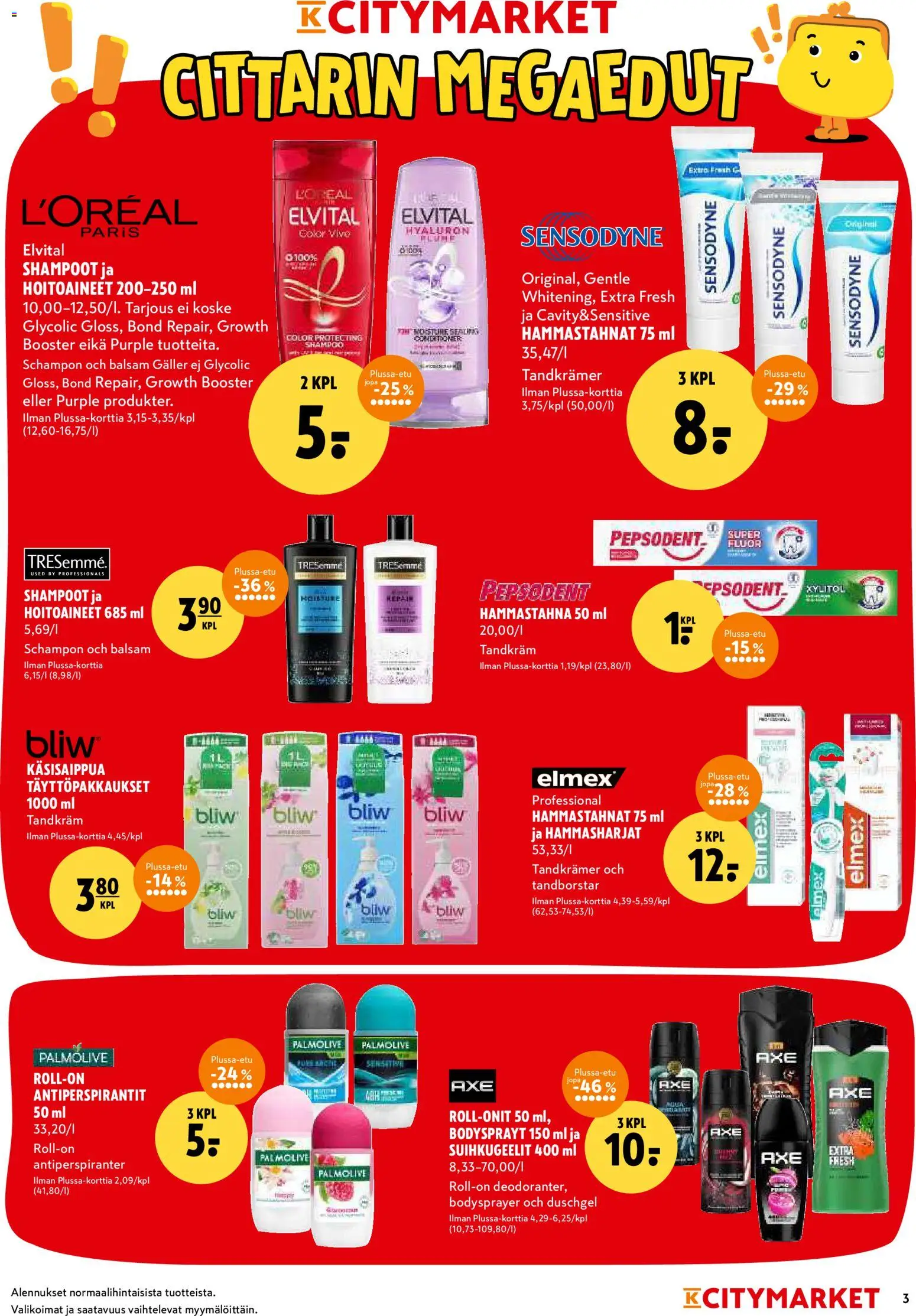 K-Citymarket tarjoukset – voimassa 19.01.2026 alkaen | Sivu: 3 | Tuotteet: Shampoo, Hammastahna, Käsisaippua