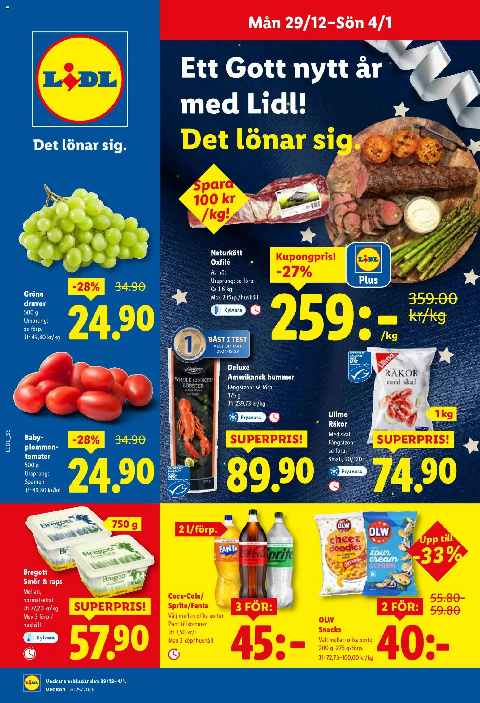 Lidl reklamblad aktuell från 29.12.2025 | Sida: 1 | Produkter: Bregott, Räkor, Plommon, Sprite