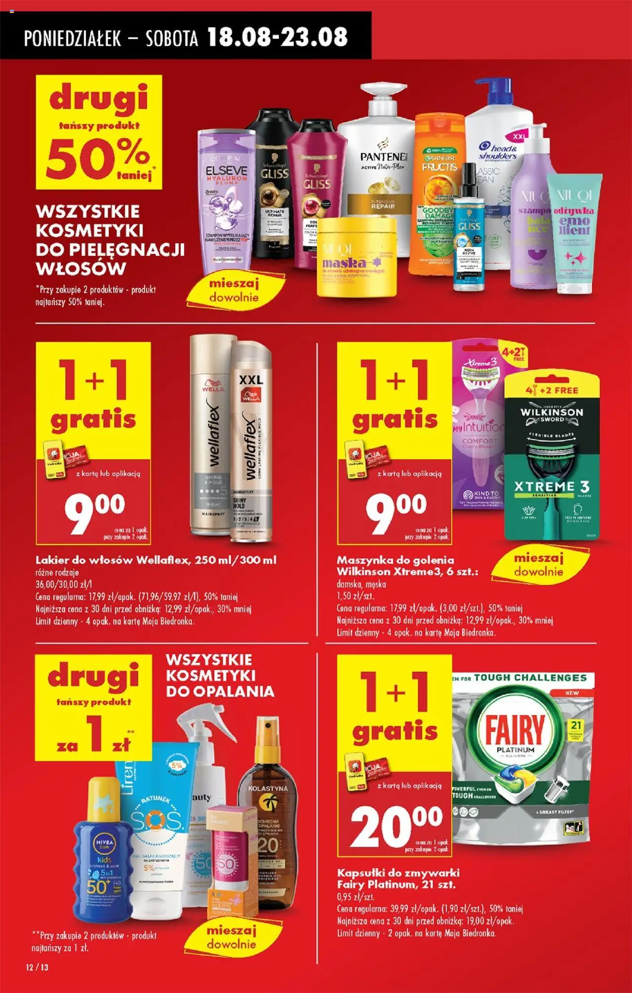 Biedronka gazetka od 18.08.2025 | Strona: 14 | Produkty: Karta, Fairy platinum, Lakier do włosów, Kapsułki do zmywarki