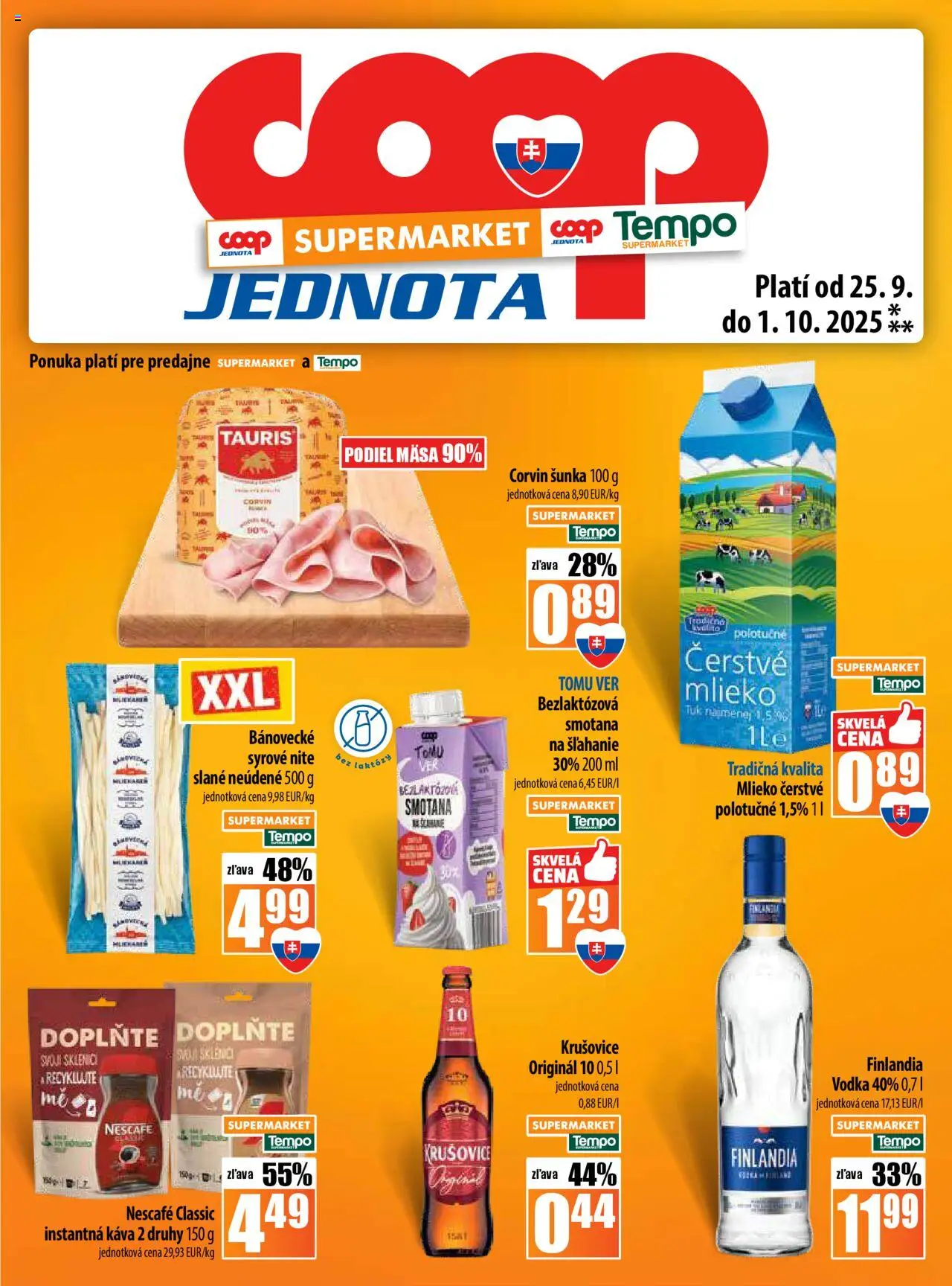 Nové COOP Jednota akcie – leták je platný od 25.09.2025 | Strana: 13 | Produkty: Mlieko, Šunka, Krušovice, Vodka