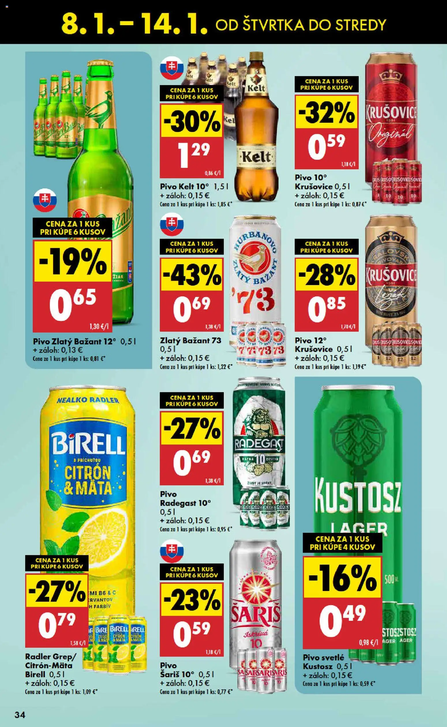 Nové Biedronka akcie – leták je platný od 08.01.2026 | Strana: 34 | Produkty: Pivo, Krušovice, Zlatý Bažant, Šariš