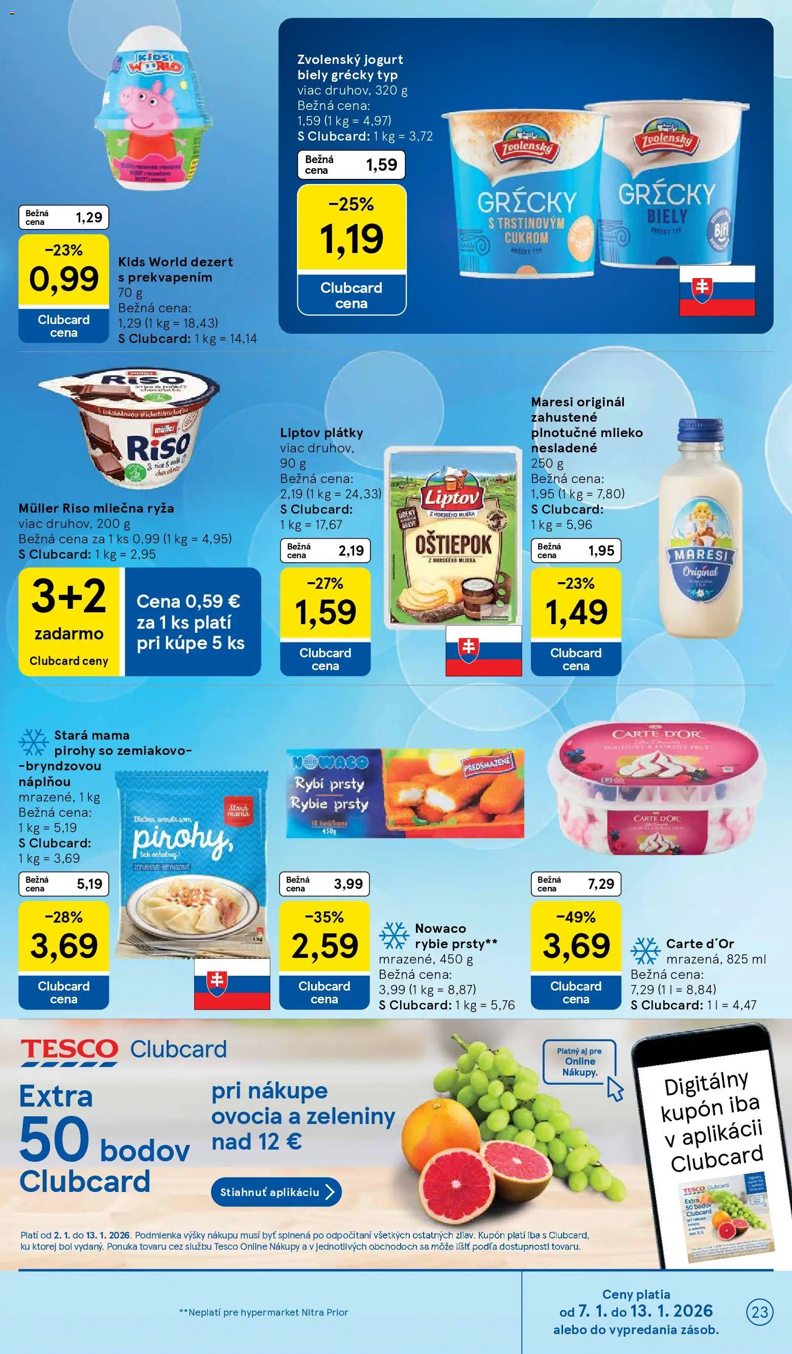 Nové Tesco akcie – leták je platný od 07.01.2026 | Strana: 23 | Produkty: Mlieko, Jogurt, Pirohy, Ryža