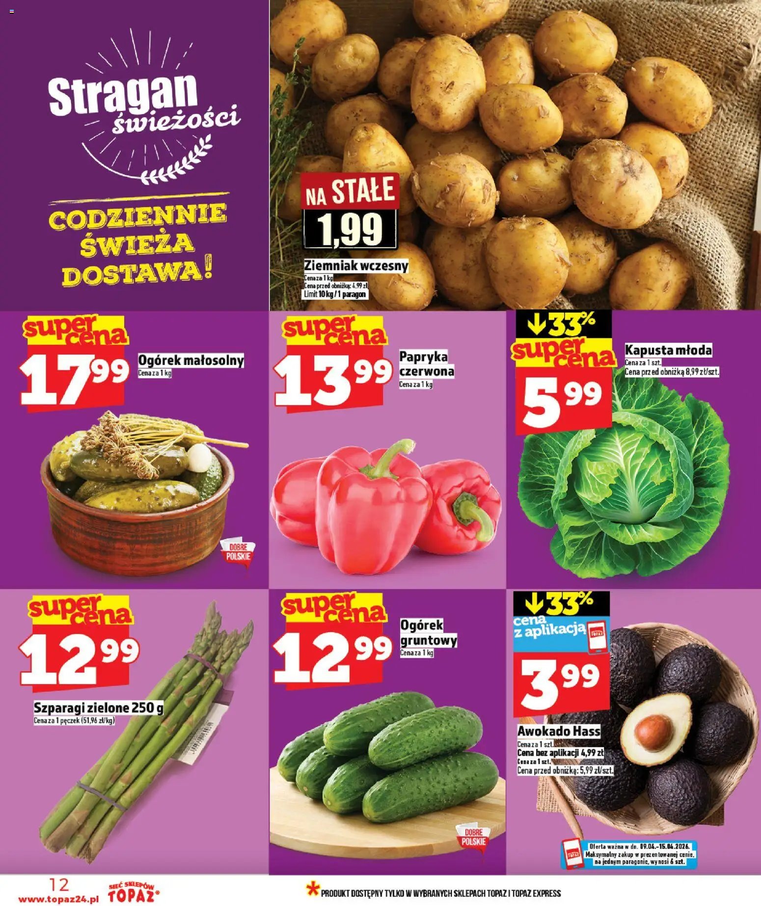 Topaz gazetka - Ceny małe na stałe od 09.04.2026 | Strona: 12 | Produkty: Kapusta, Papryka, Szparagi, Awokado