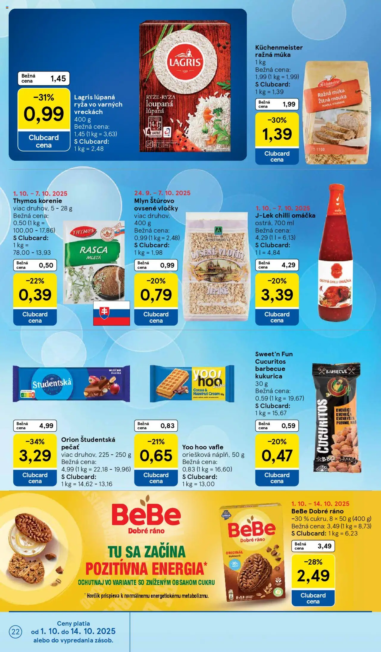 Nové Tesco akcie – leták je platný od 01.10.2025 | Strana: 22 | Produkty: BeBe Dobré ráno, Múka, Vločky, Korenie