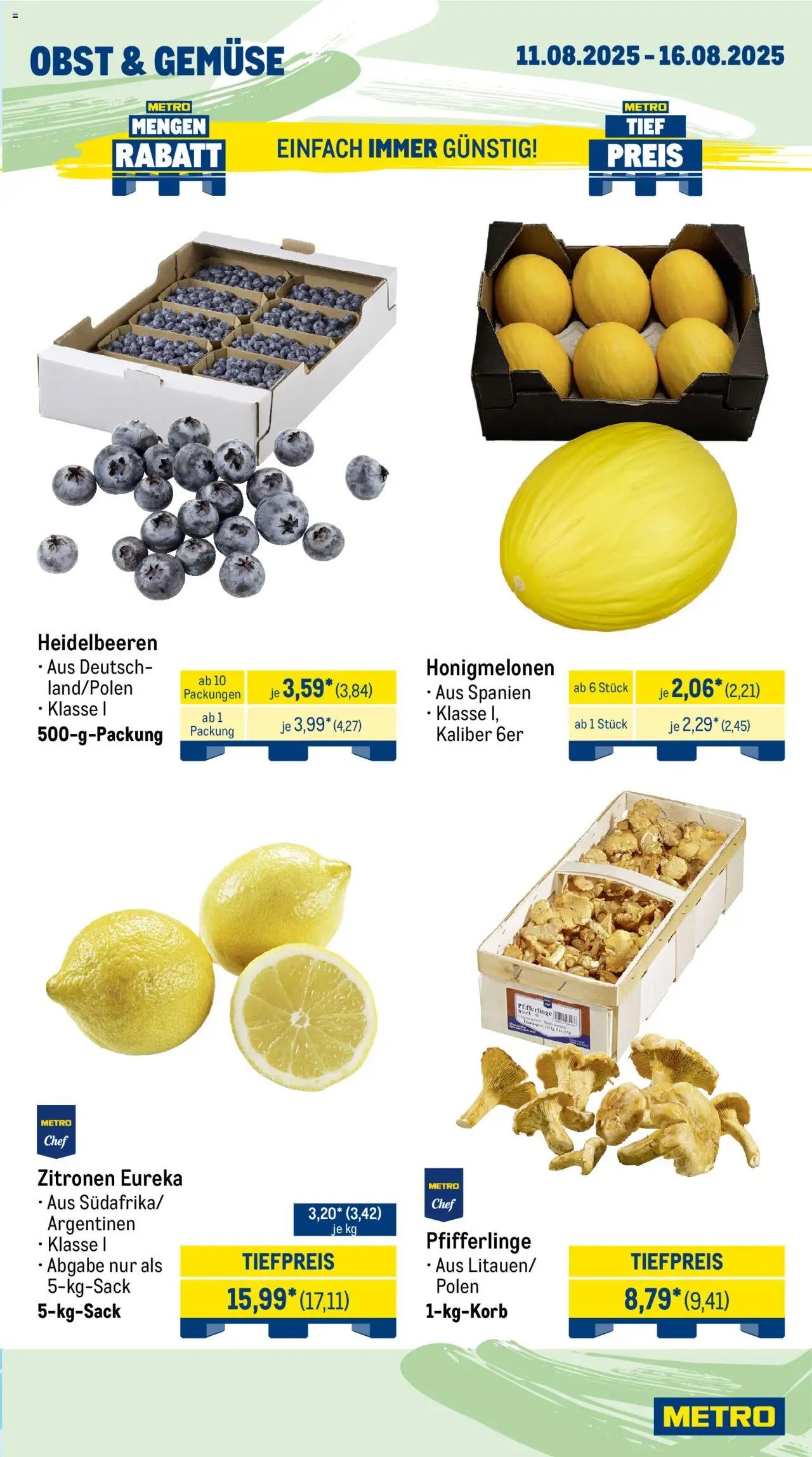 Metro Wochen-Angebote Gastro - gültig ab dem 11.08.2025 | Seite: 7 | Produkte: Heidelbeeren, Gemüse, Obst, Pfifferlinge