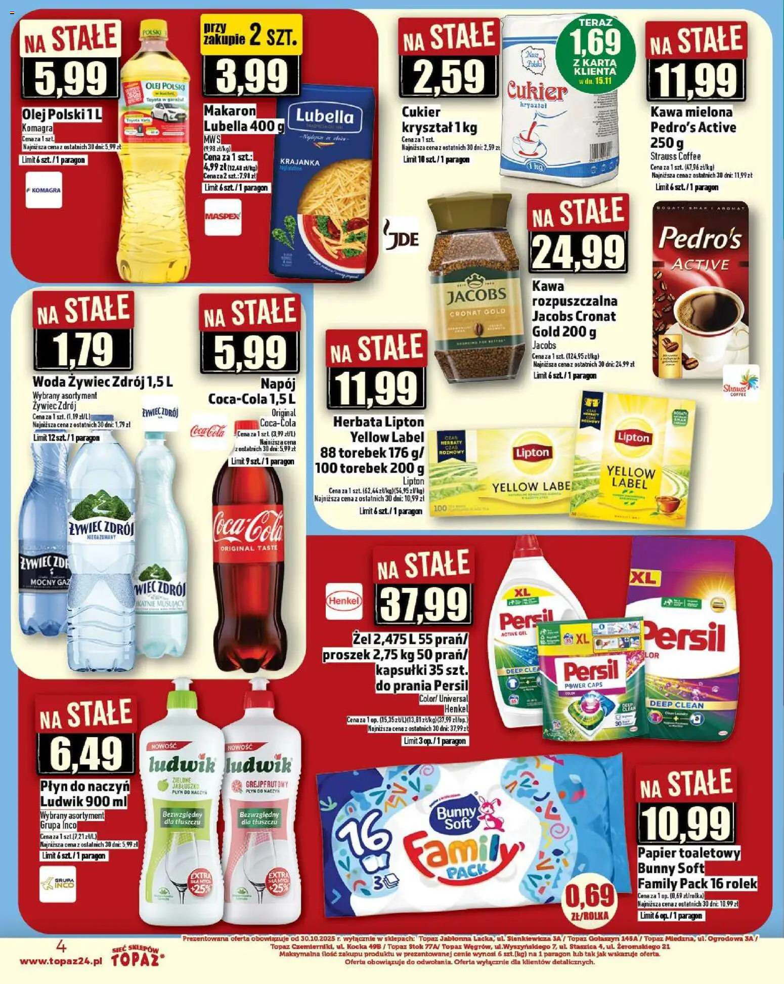 Topaz Gazetka - Ceny małe na stałe od 13.11.2025 | Strona: 4 | Produkty: Persil, Herbata lipton, Kawa, Cukier