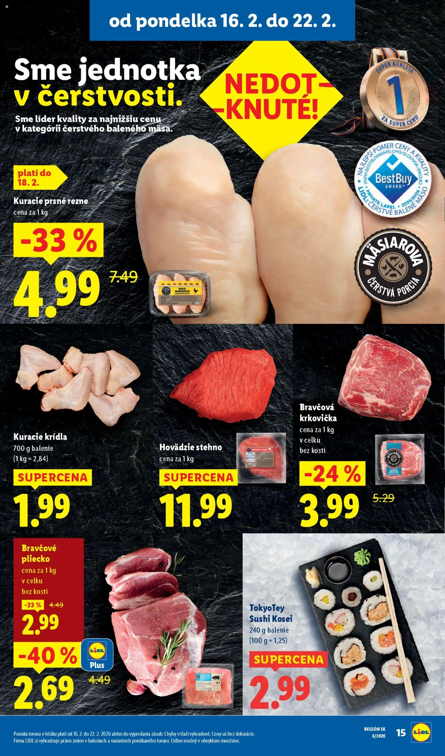 Nové Lidl akcie – leták je platný od 19.02.2026 | Strana: 47 | Produkty: Bravčová krkovička, Krkovička, Sushi, Kuracie krídla