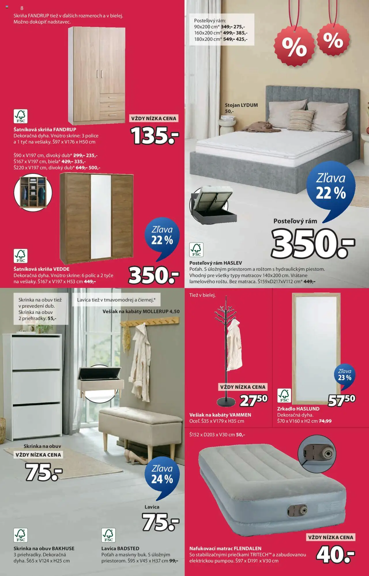 JYSK výpredaj │ platný od 06.08.2025 | Strana: 9 | Produkty: Matrac, Šatníková skriňa, Skriňa, Zrkadlo