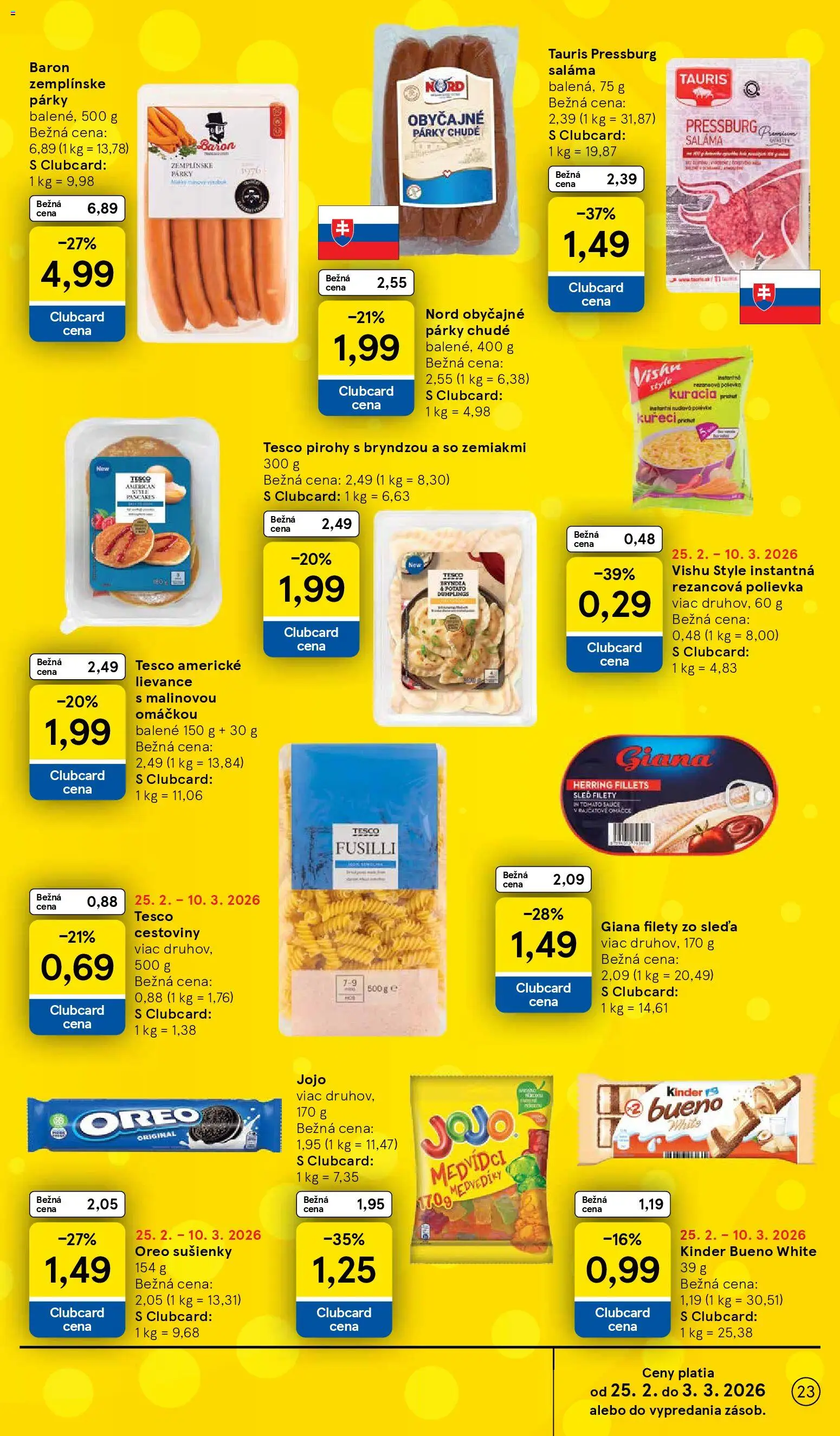 Nové Tesco akcie – leták je platný od 25.02.2026 | Strana: 23 | Produkty: Fusilli, Pirohy, Cestoviny, Párky